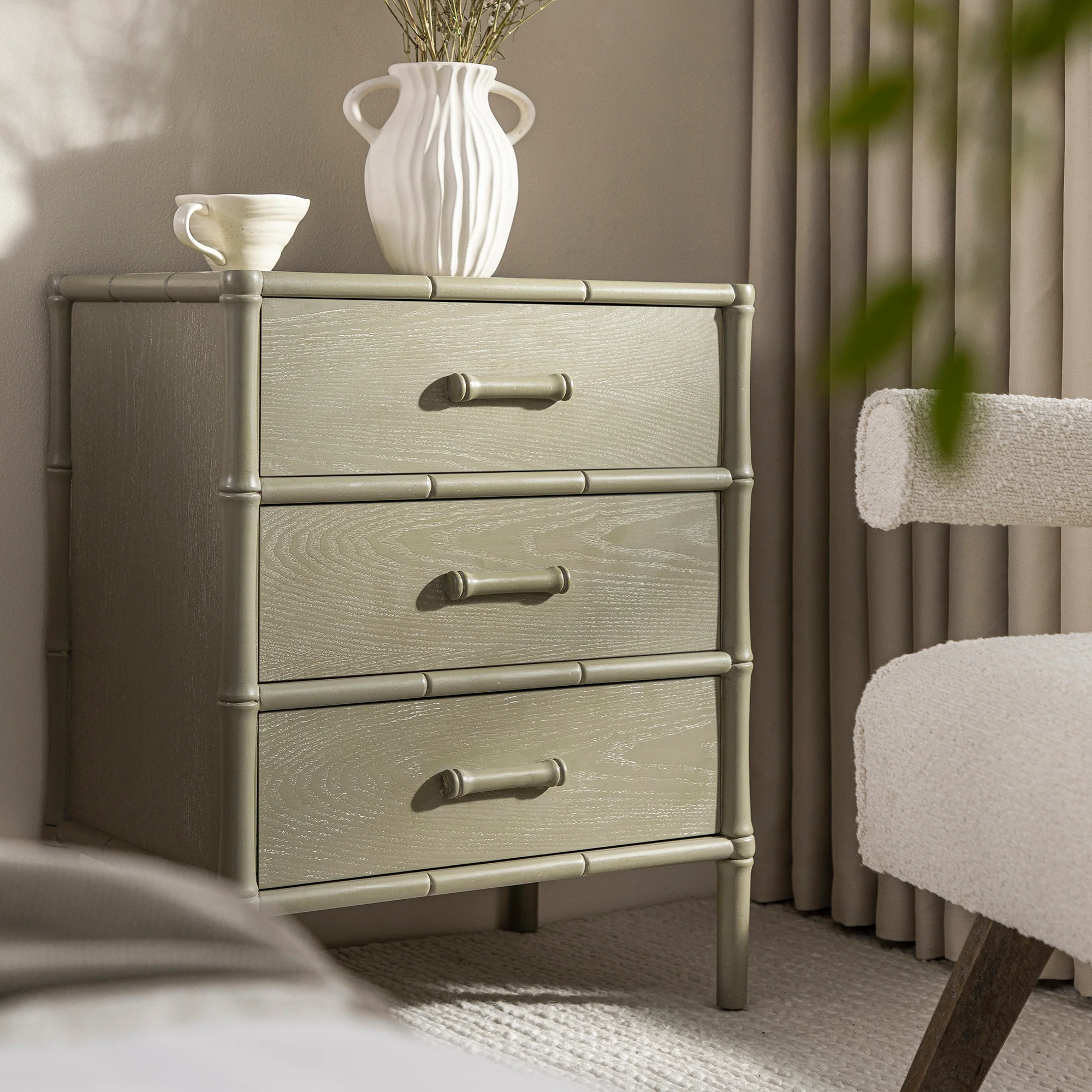 Elstowe Faux Bamboo 3-Drawer Bedside Table, Sage Green - Image 5