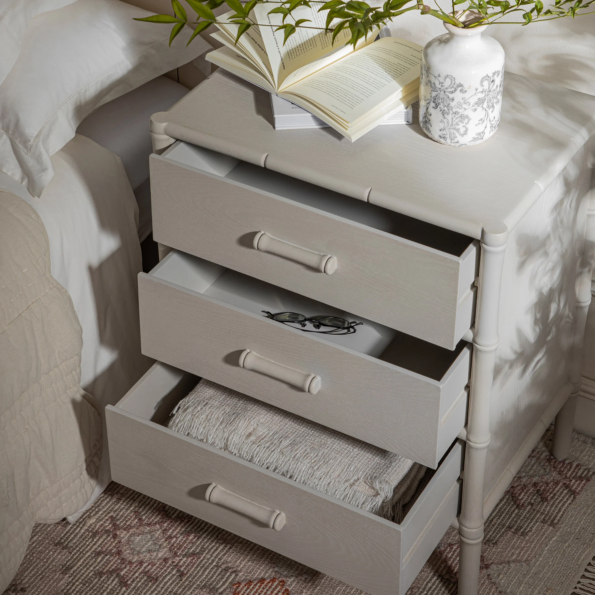 Elstowe Faux Bamboo 3-Drawer Bedside Table, Shaded White - Image 5