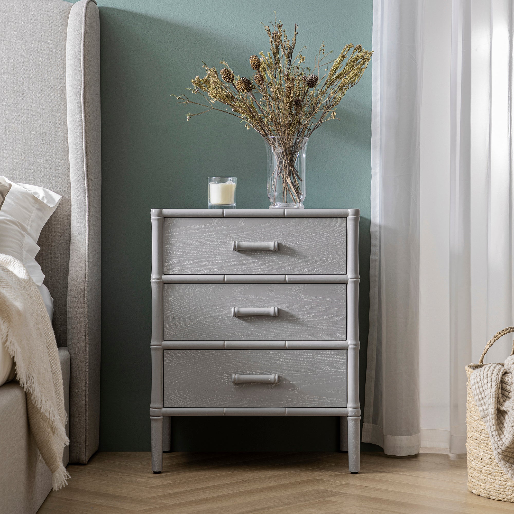 Elstowe Faux Bamboo 3-Drawer Bedside Table, Warm Grey - Image 2