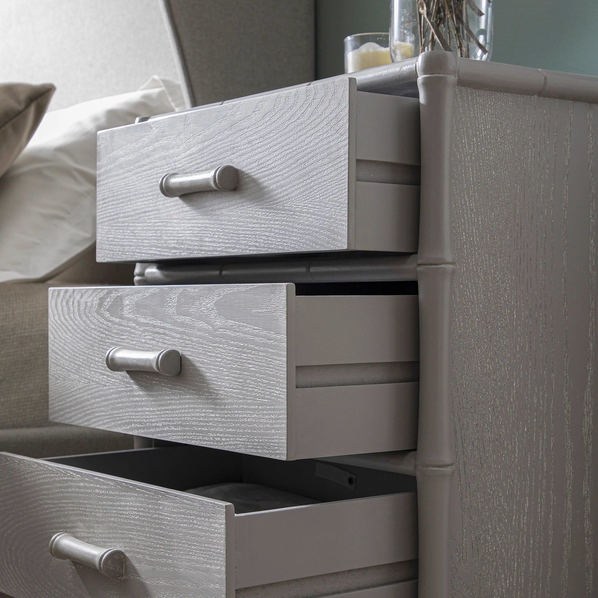 Elstowe Faux Bamboo 3-Drawer Bedside Table, Warm Grey - Image 6