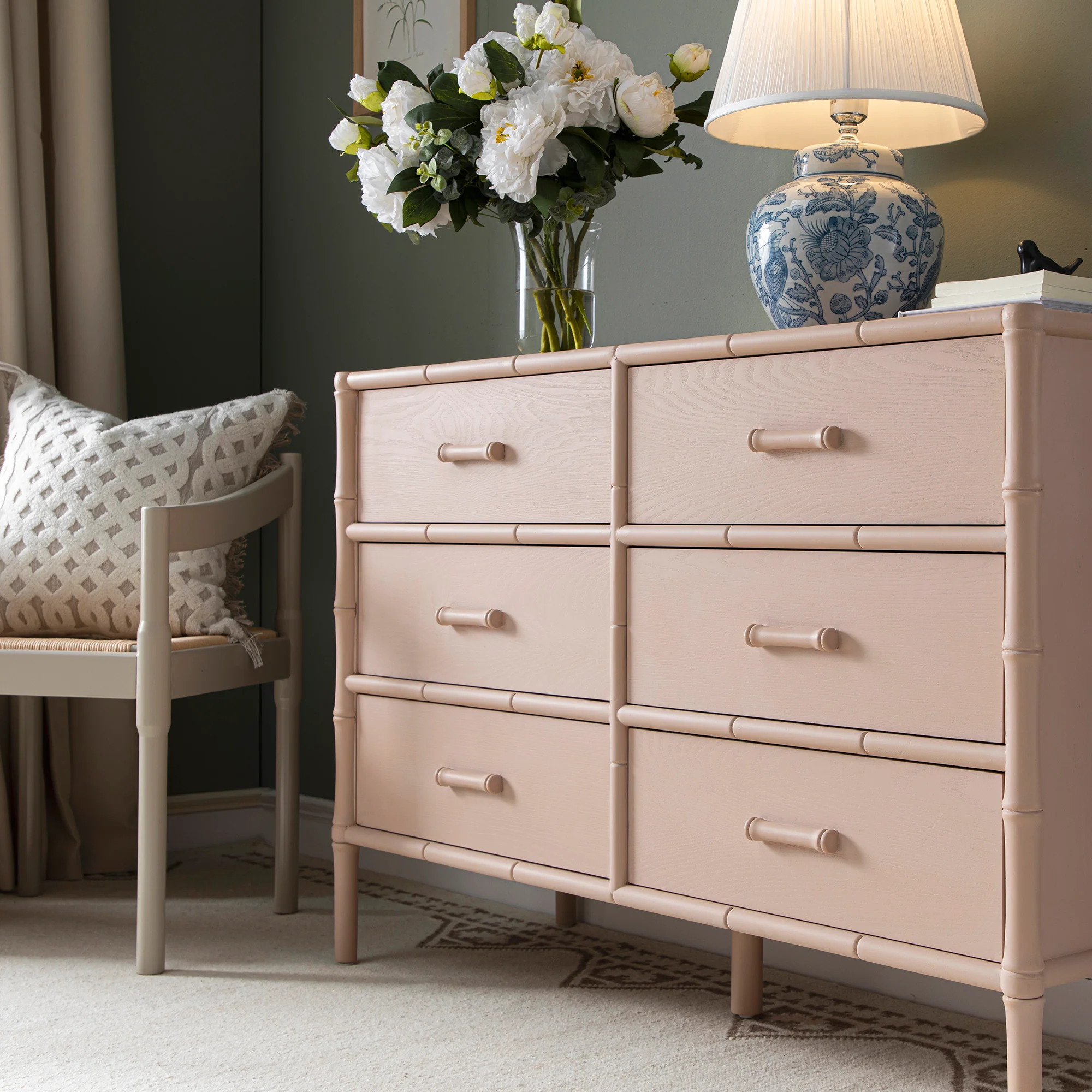Elstowe Faux Bamboo 6-Drawer Chest, Nude Pink - Image 3