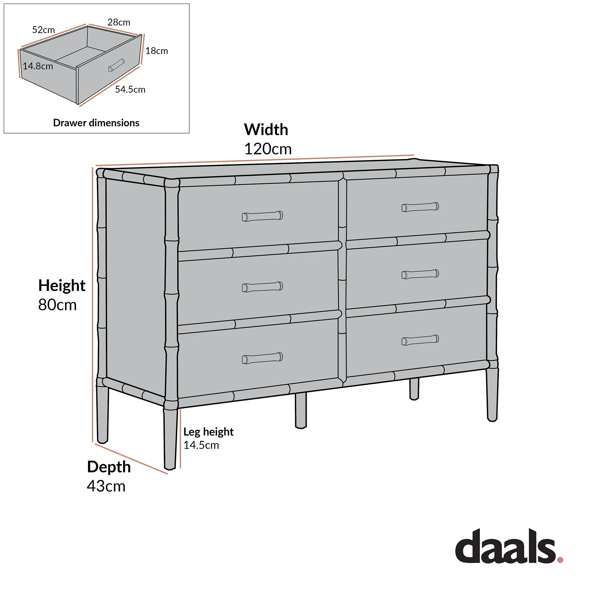 Elstowe Faux Bamboo 6-Drawer Chest, Shaded White - Image 8