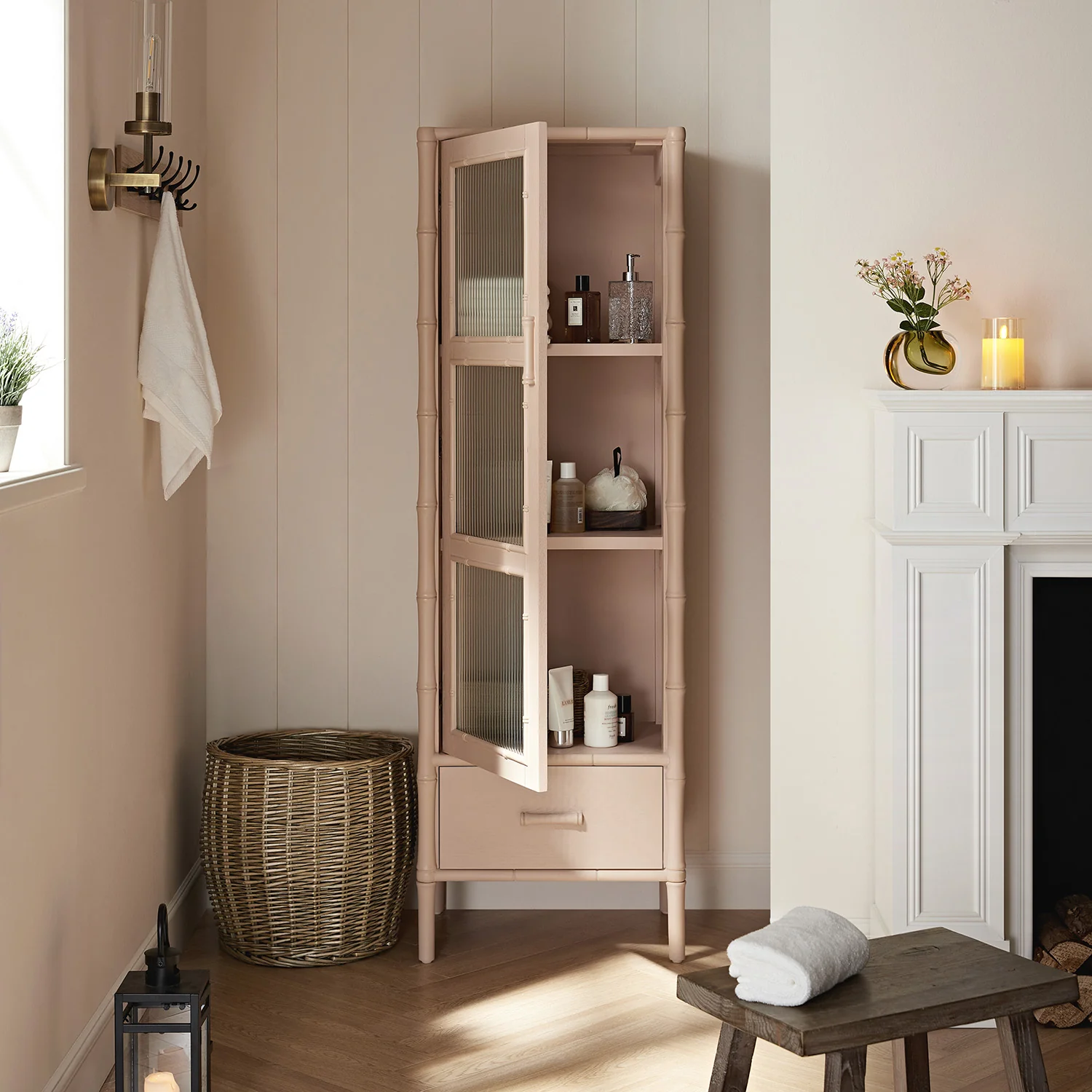 Elstowe Faux Bamboo and Fluted Glass 1-Door Cabinet, Nude Pink - Image 3
