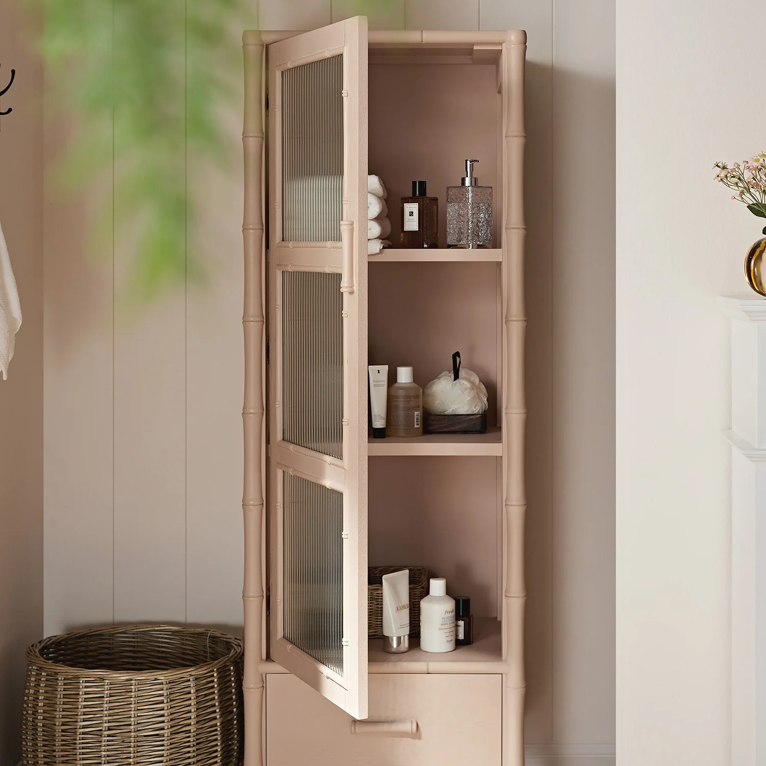 Elstowe Faux Bamboo and Fluted Glass 1-Door Cabinet, Nude Pink - Image 4