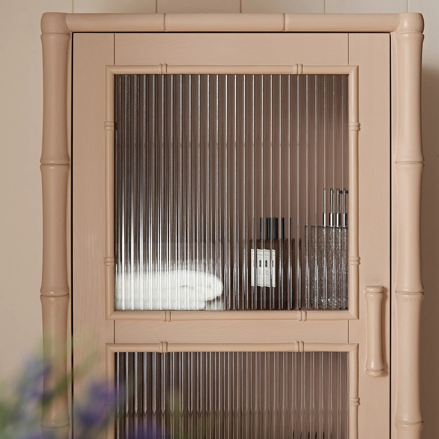 Elstowe Faux Bamboo and Fluted Glass 1-Door Cabinet, Nude Pink - Image 6