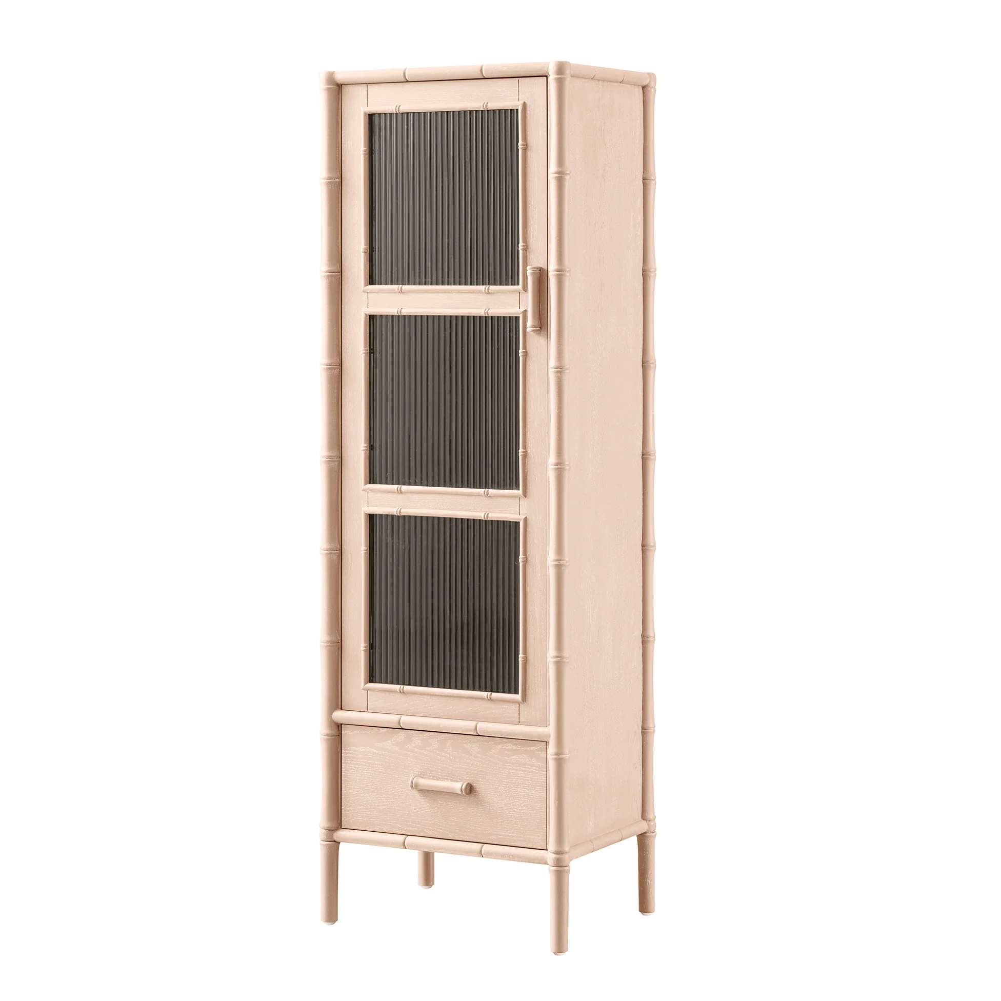 Elstowe Faux Bamboo and Fluted Glass 1-Door Cabinet, Nude Pink - Image 9