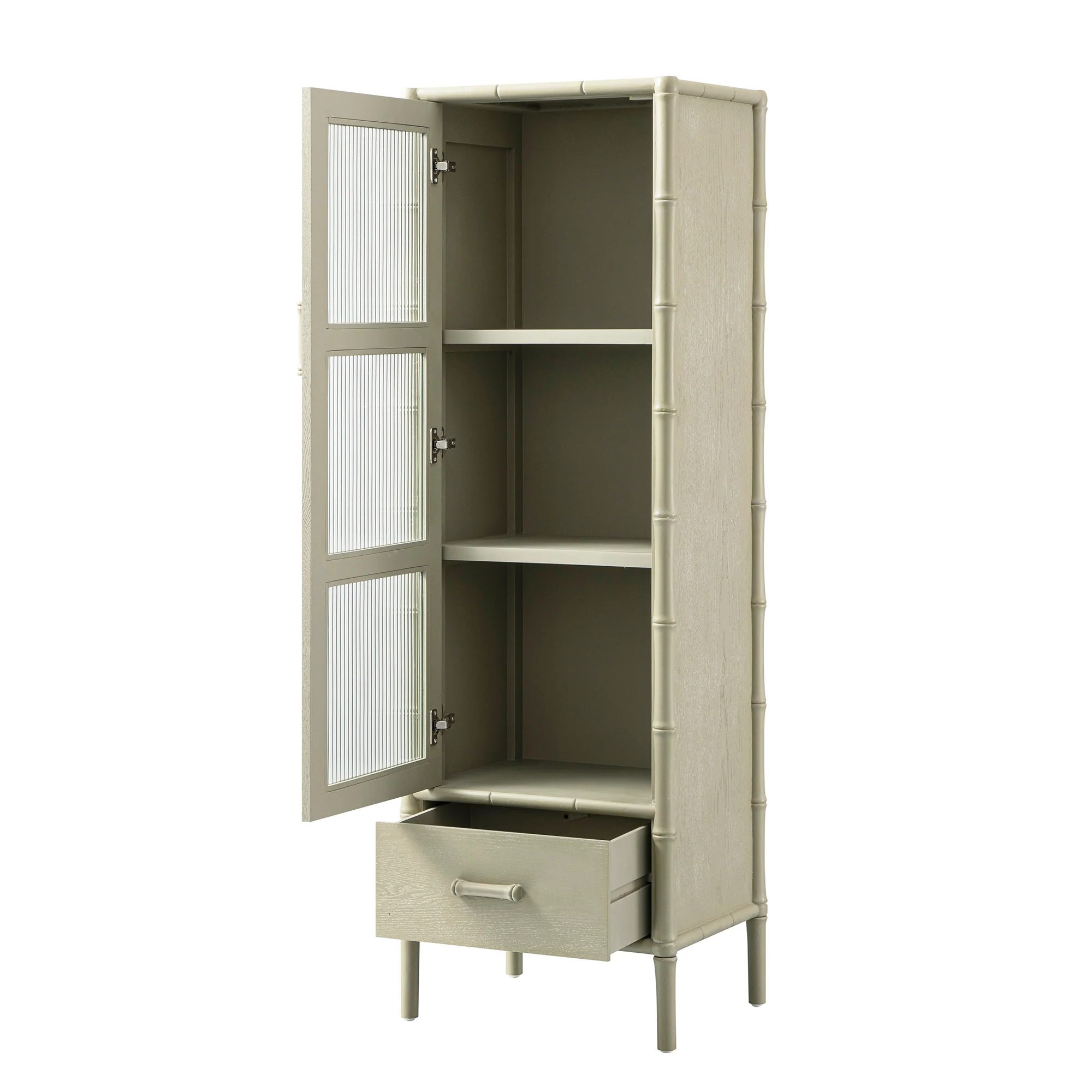 Elstowe Faux Bamboo and Fluted Glass 1-Door Cabinet, Sage Green - Image 11