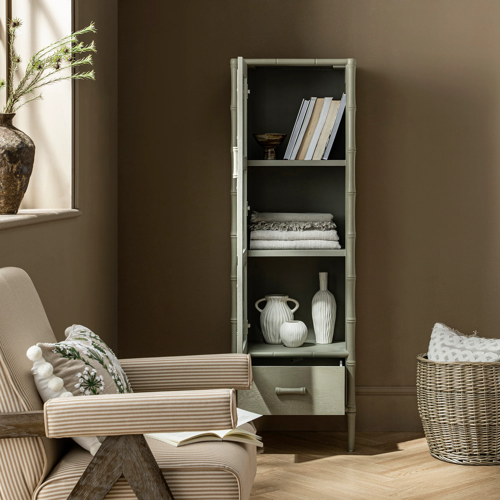 Elstowe Faux Bamboo and Fluted Glass 1-Door Cabinet, Sage Green - Image 4