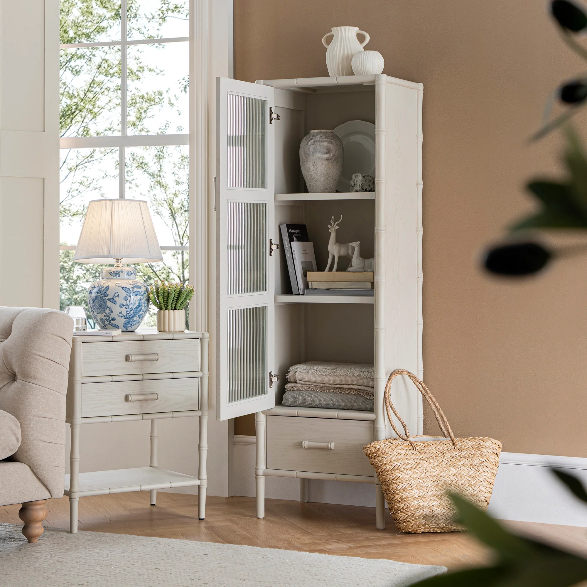 Elstowe Faux Bamboo and Fluted Glass 1-Door Cabinet, Shaded White - Image 2