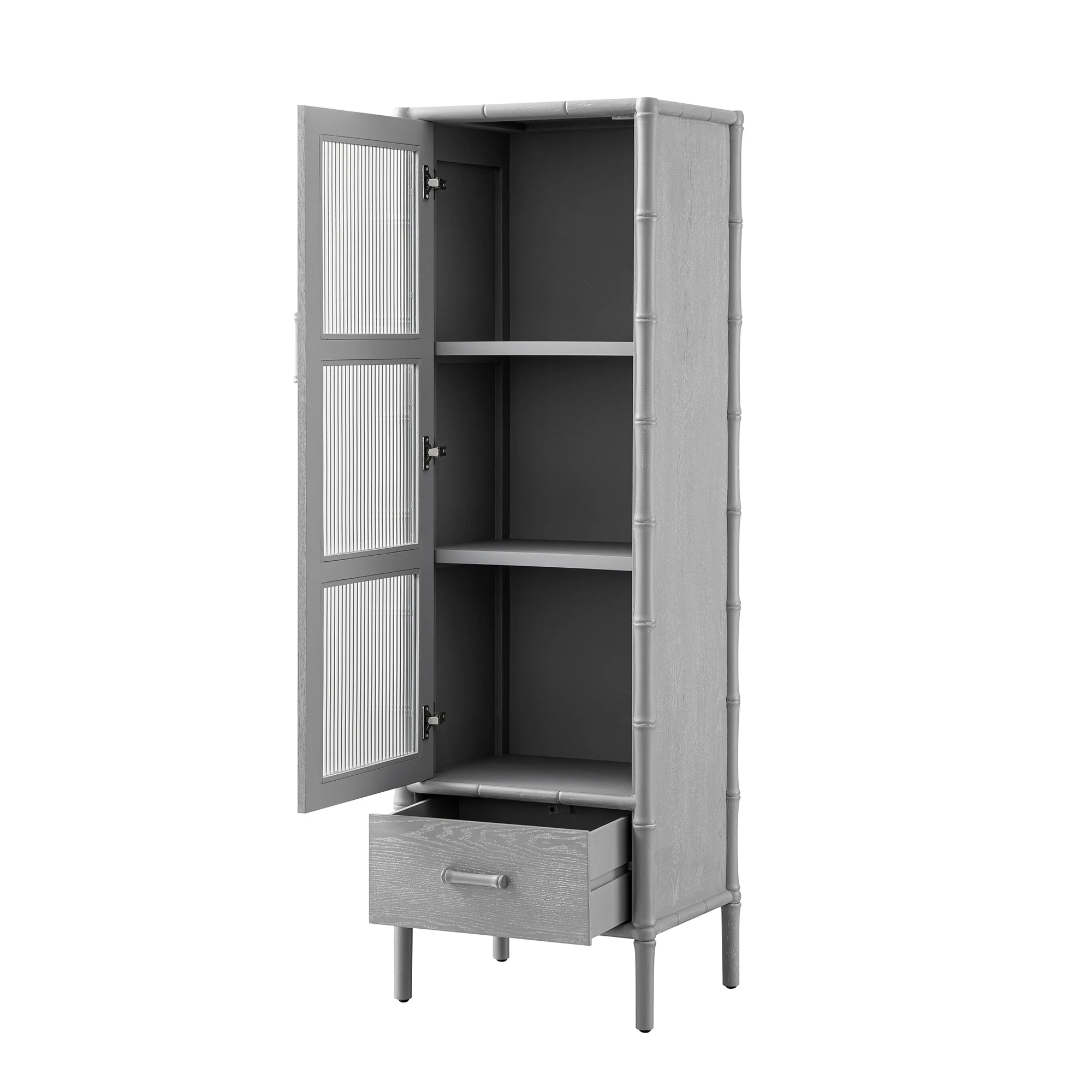 Elstowe Faux Bamboo and Fluted Glass 1-Door Cabinet, Warm Grey - Image 11