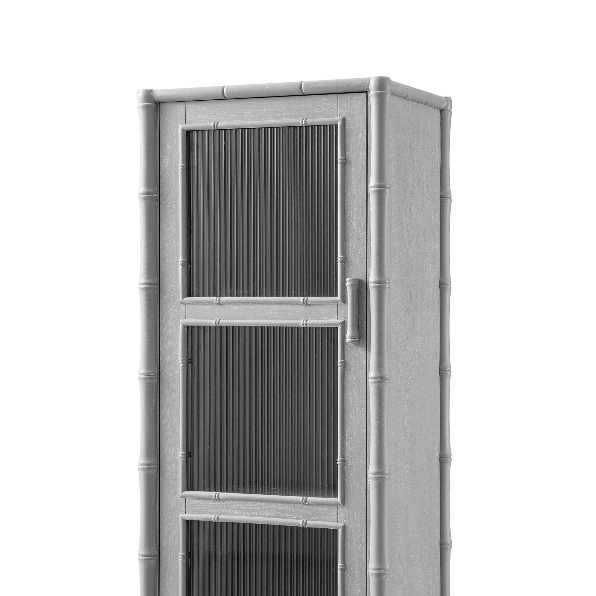 Elstowe Faux Bamboo and Fluted Glass 1-Door Cabinet, Warm Grey - Image 15