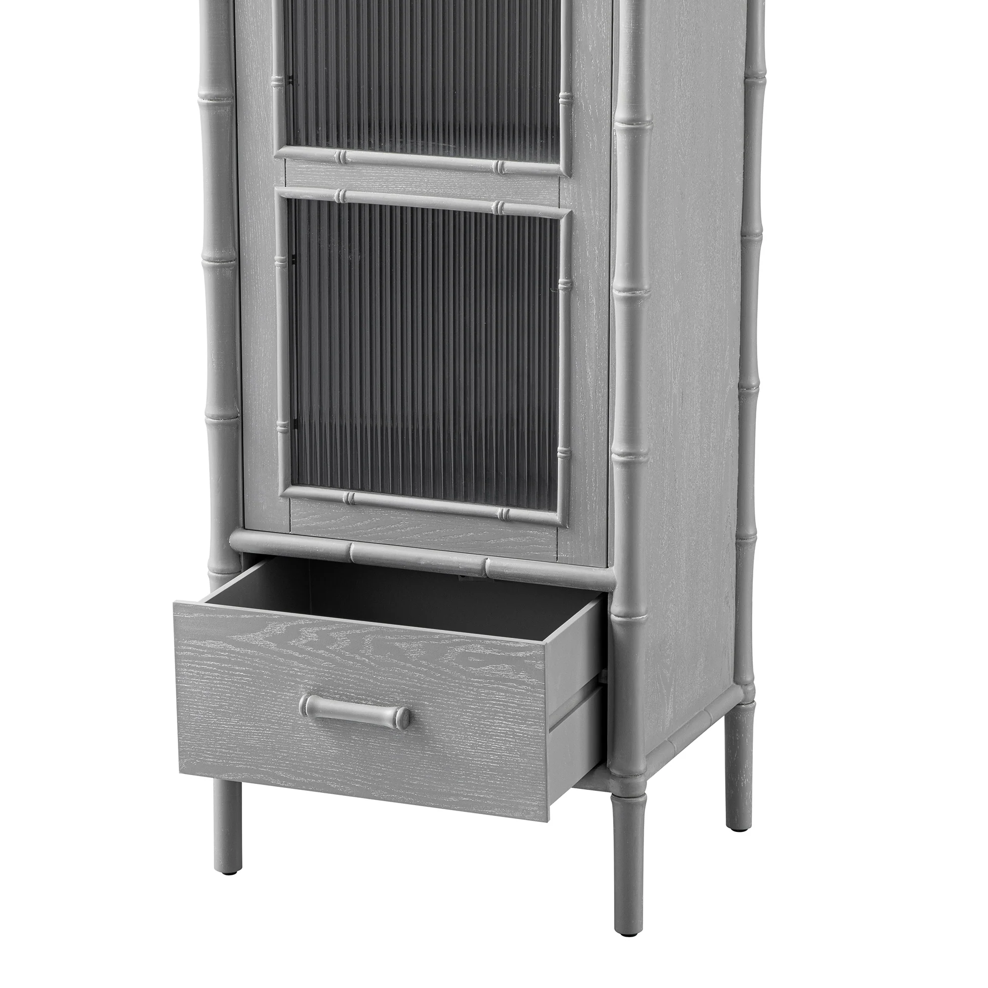 Elstowe Faux Bamboo and Fluted Glass 1-Door Cabinet, Warm Grey - Image 16