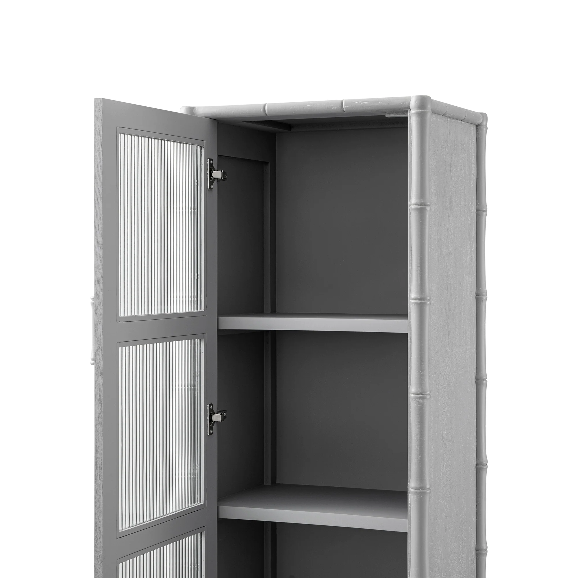 Elstowe Faux Bamboo and Fluted Glass 1-Door Cabinet, Warm Grey - Image 17