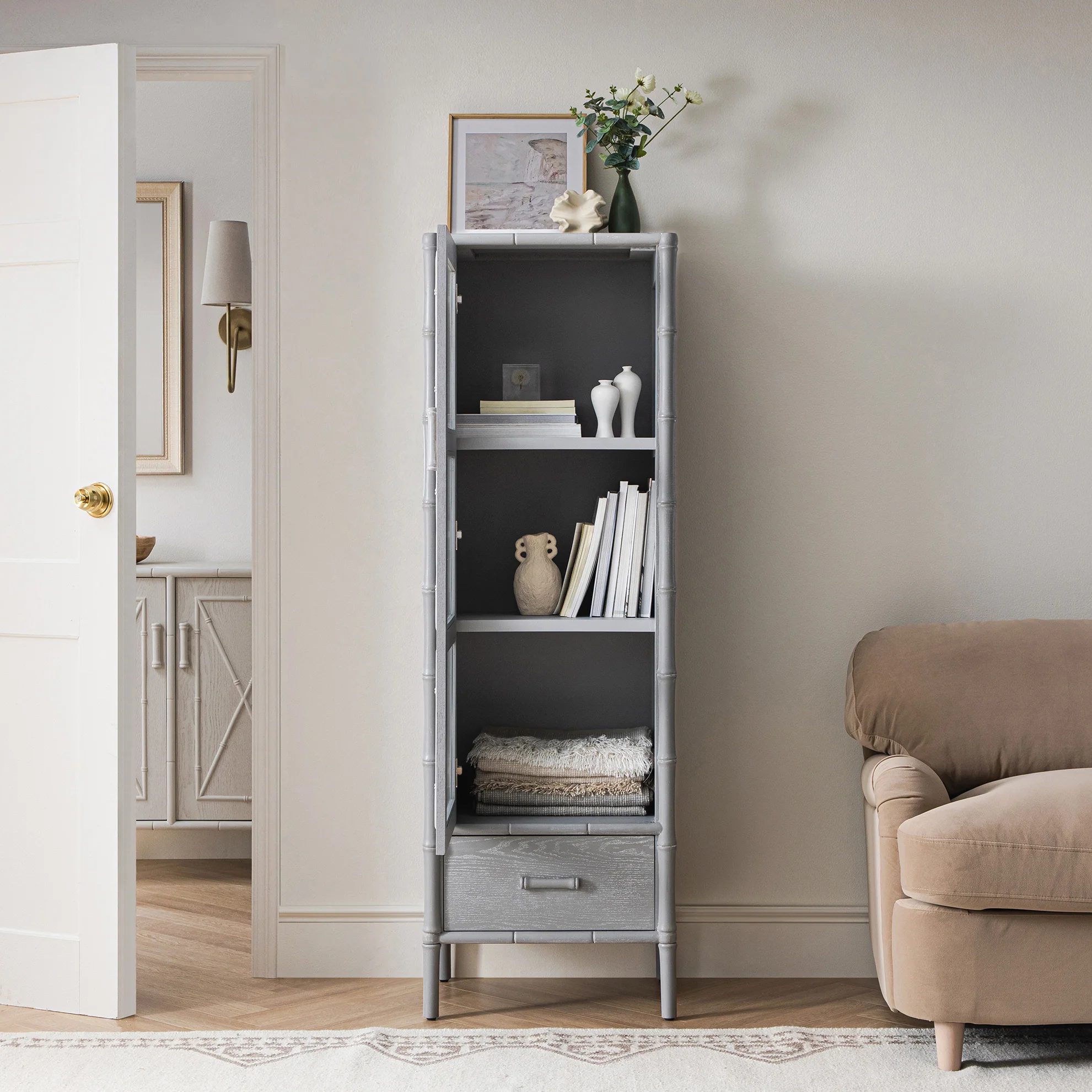Elstowe Faux Bamboo and Fluted Glass 1-Door Cabinet, Warm Grey - Image 3