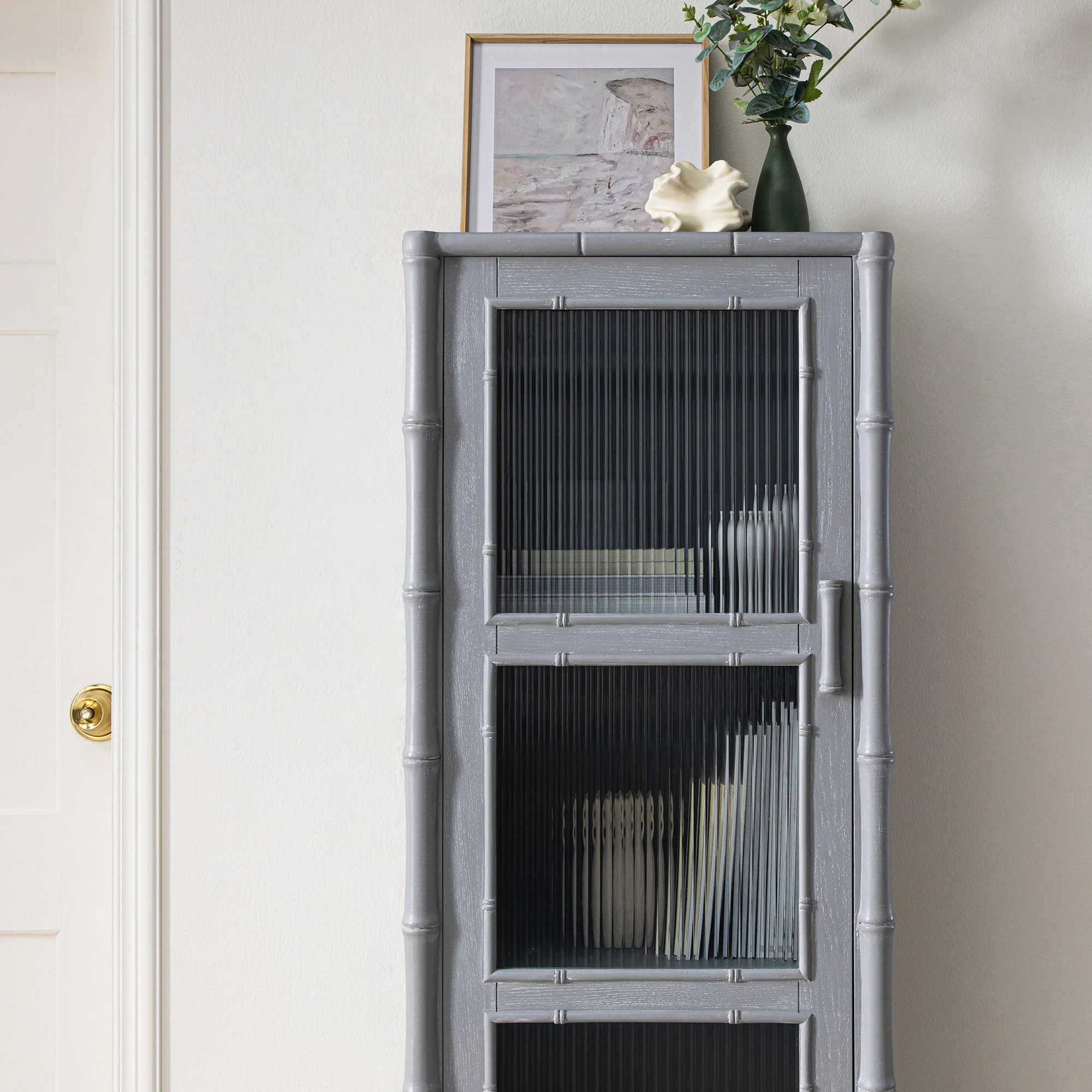 Elstowe Faux Bamboo and Fluted Glass 1-Door Cabinet, Warm Grey - Image 4