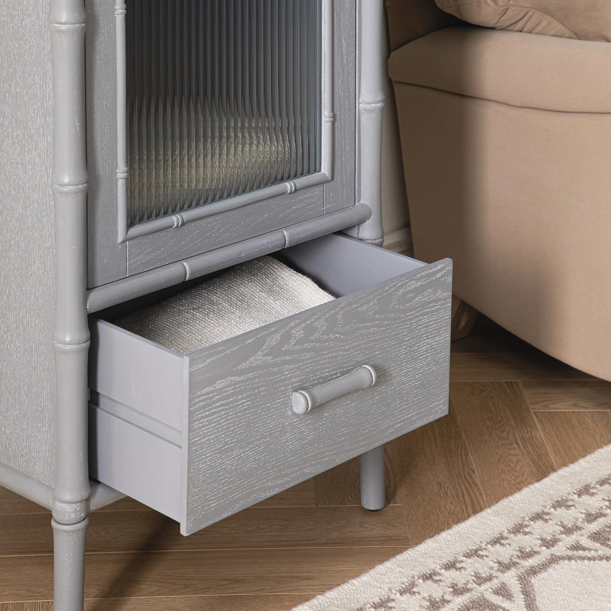 Elstowe Faux Bamboo and Fluted Glass 1-Door Cabinet, Warm Grey - Image 6