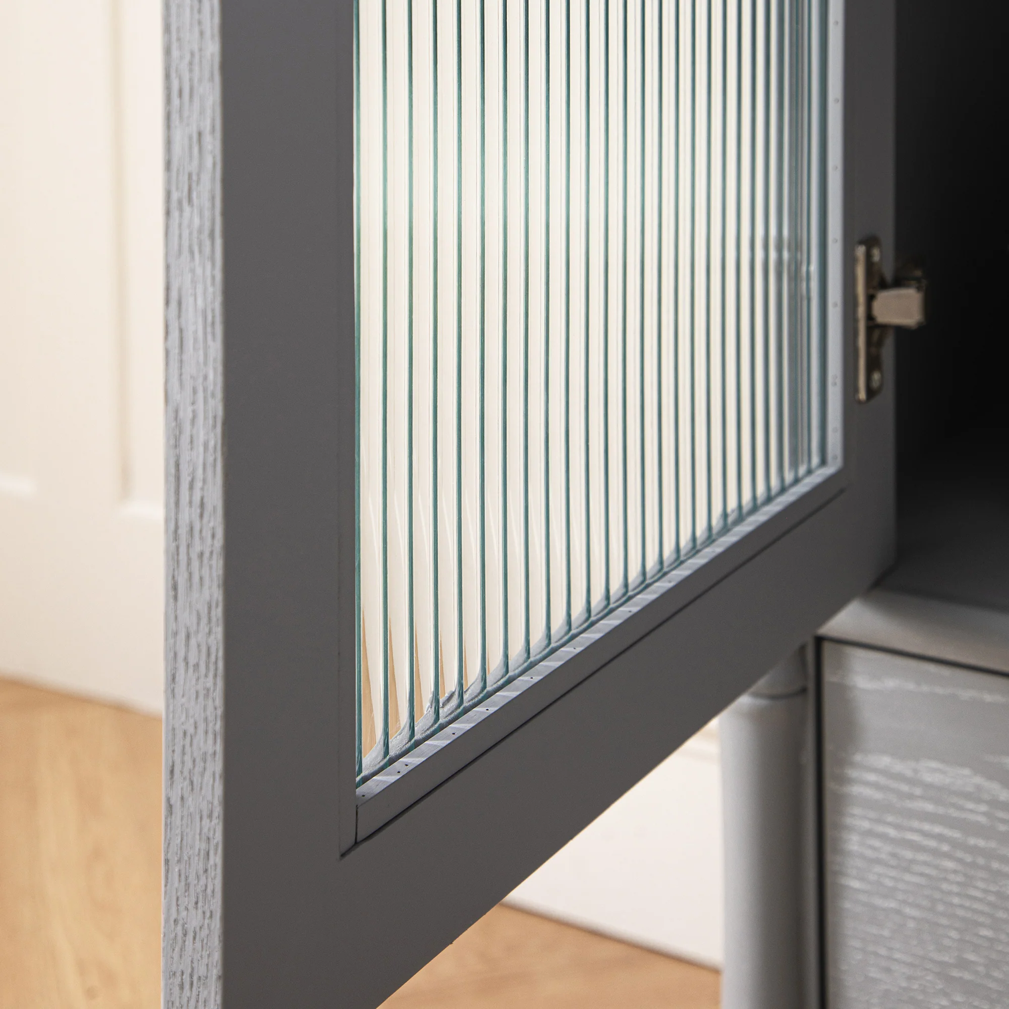 Elstowe Faux Bamboo and Fluted Glass 1-Door Cabinet, Warm Grey - Image 7