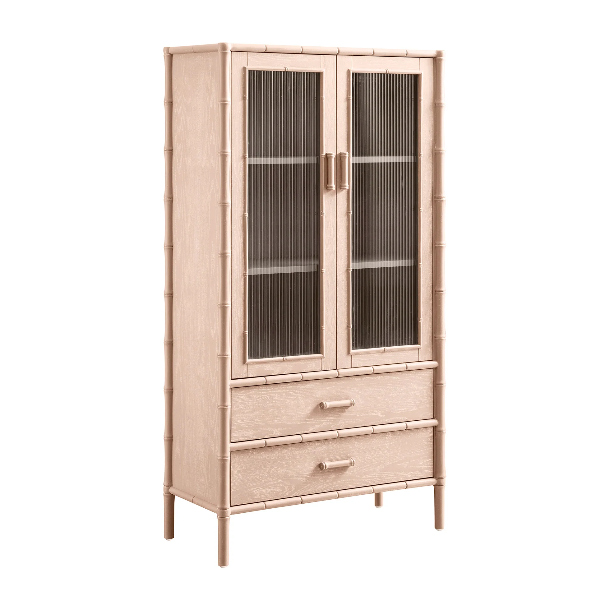 Elstowe Faux Bamboo and Fluted Glass 2-Door Cabinet, Nude Pink - Image 10