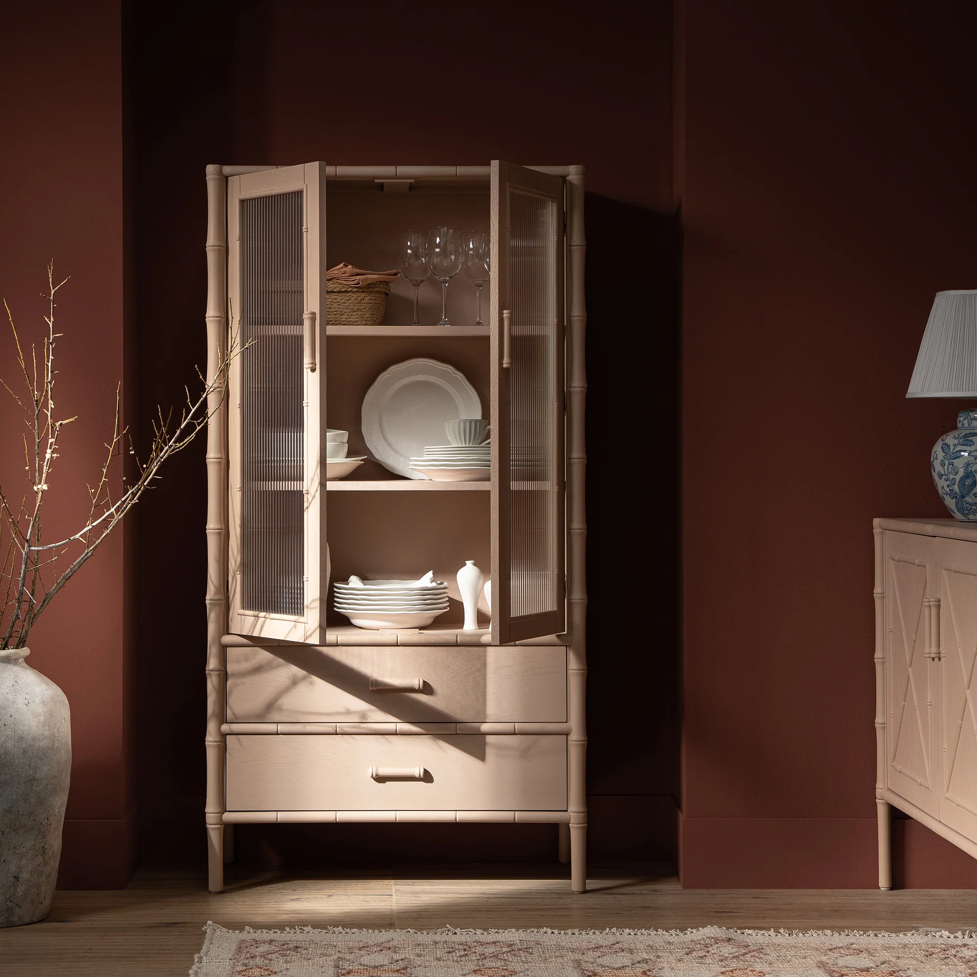 Elstowe Faux Bamboo and Fluted Glass 2-Door Cabinet, Nude Pink - Image 2