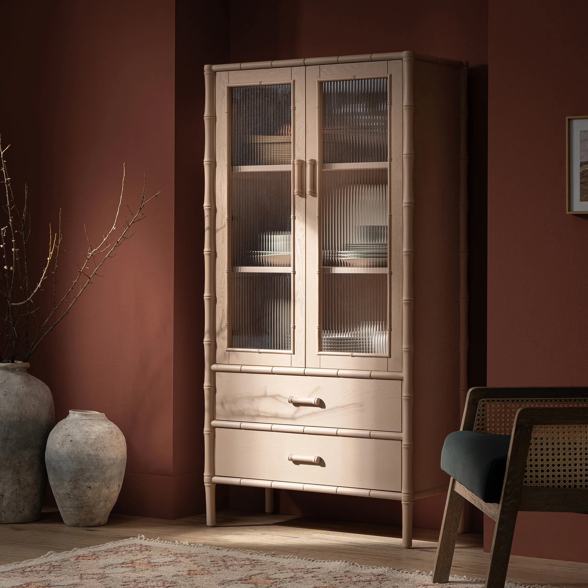 Elstowe Faux Bamboo and Fluted Glass 2-Door Cabinet, Nude Pink - Image 3