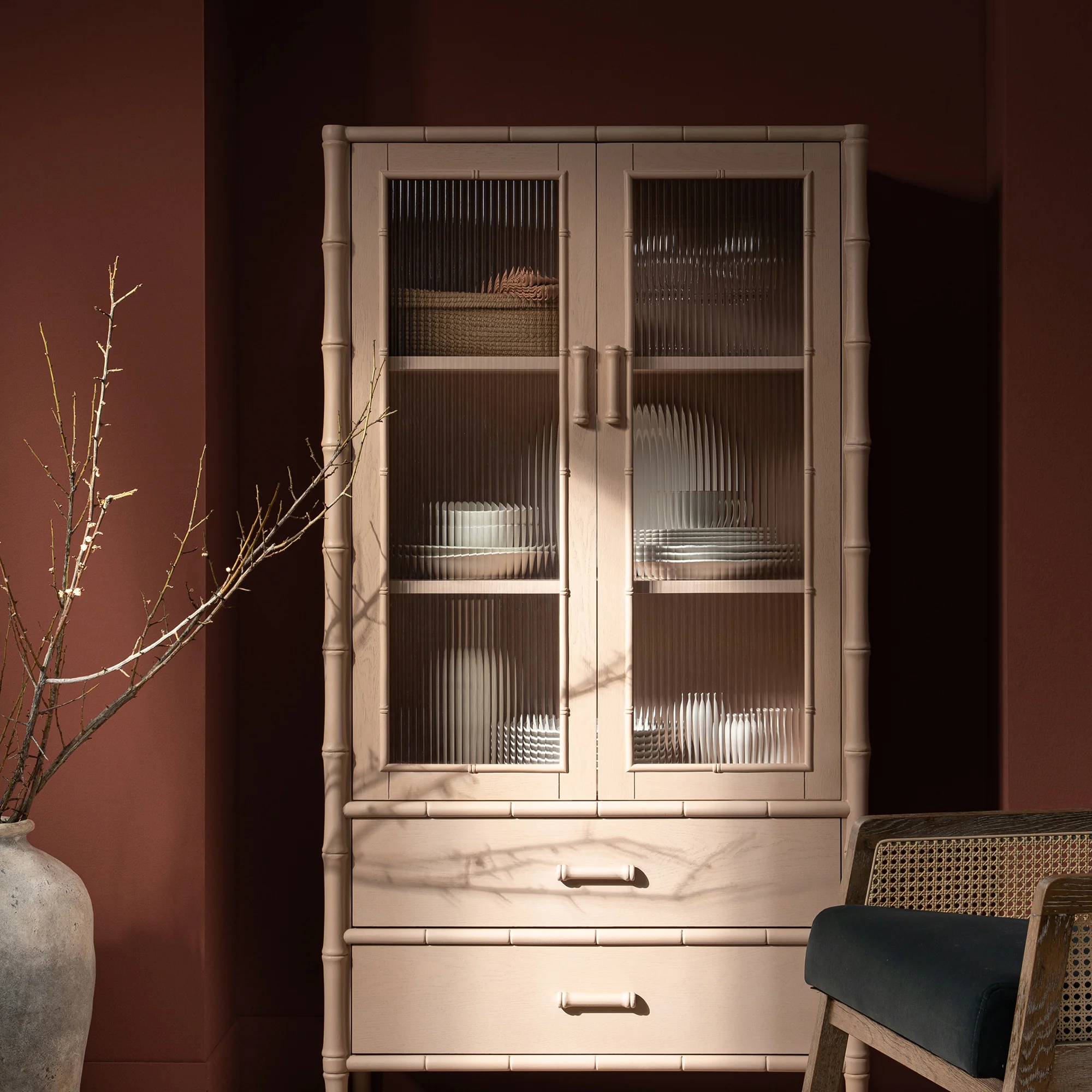 Elstowe Faux Bamboo and Fluted Glass 2-Door Cabinet, Nude Pink - Image 4