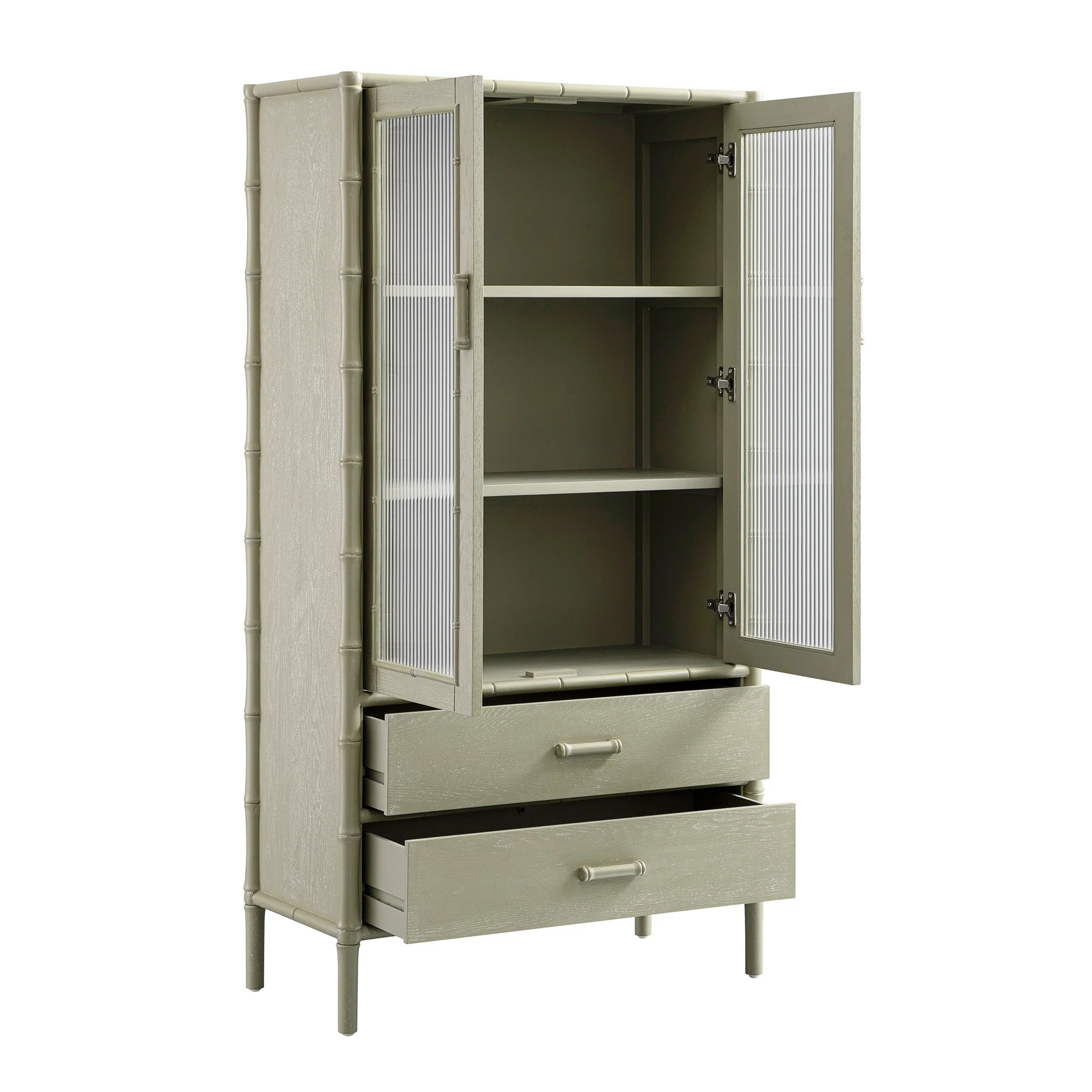 Elstowe Faux Bamboo and Fluted Glass 2-Door Cabinet, Sage Green - Image 11
