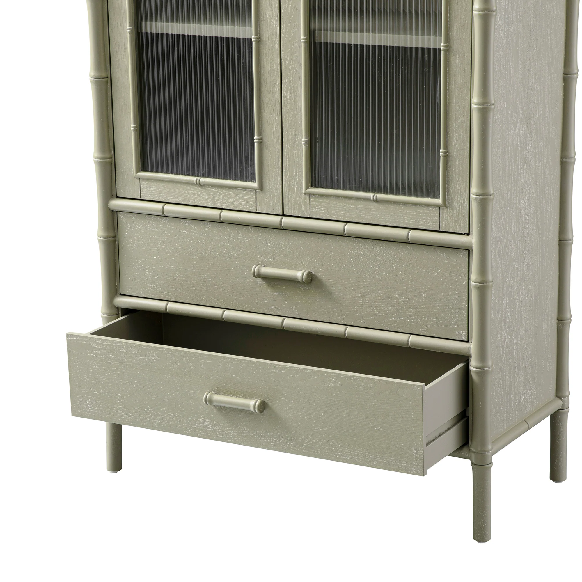 Elstowe Faux Bamboo and Fluted Glass 2-Door Cabinet, Sage Green - Image 17