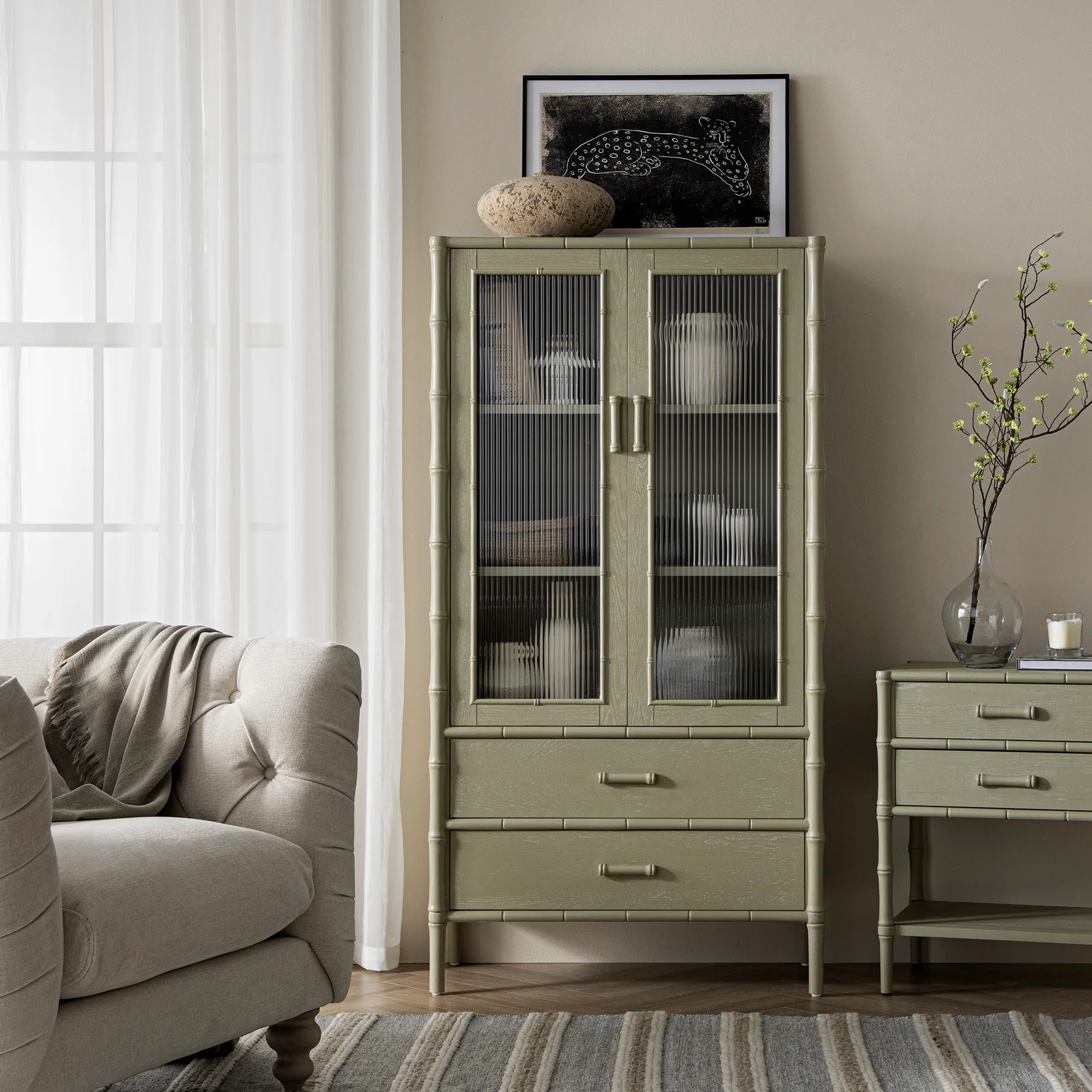 Elstowe Faux Bamboo and Fluted Glass 2-Door Cabinet, Sage Green - Image 2