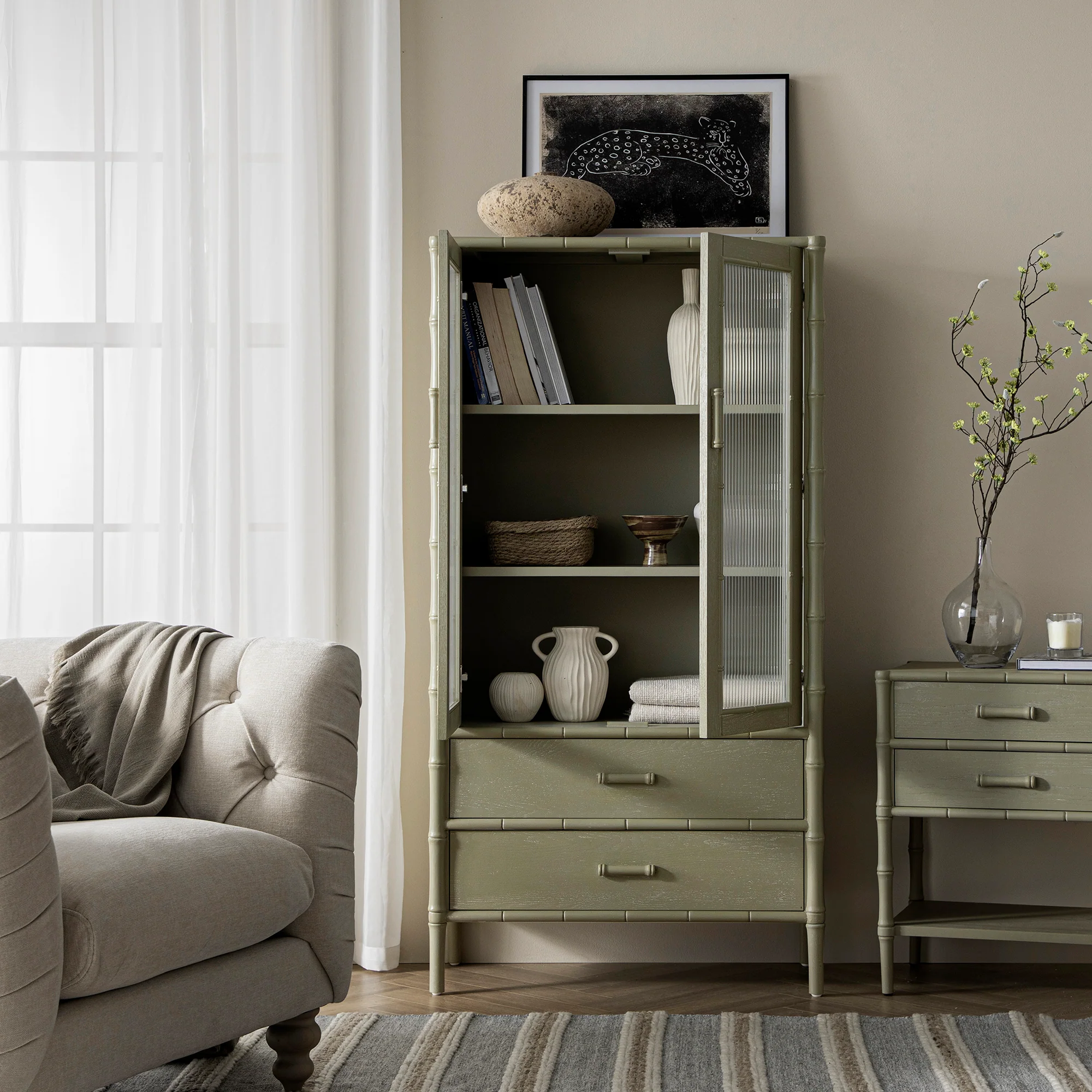 Elstowe Faux Bamboo and Fluted Glass 2-Door Cabinet, Sage Green - Image 3