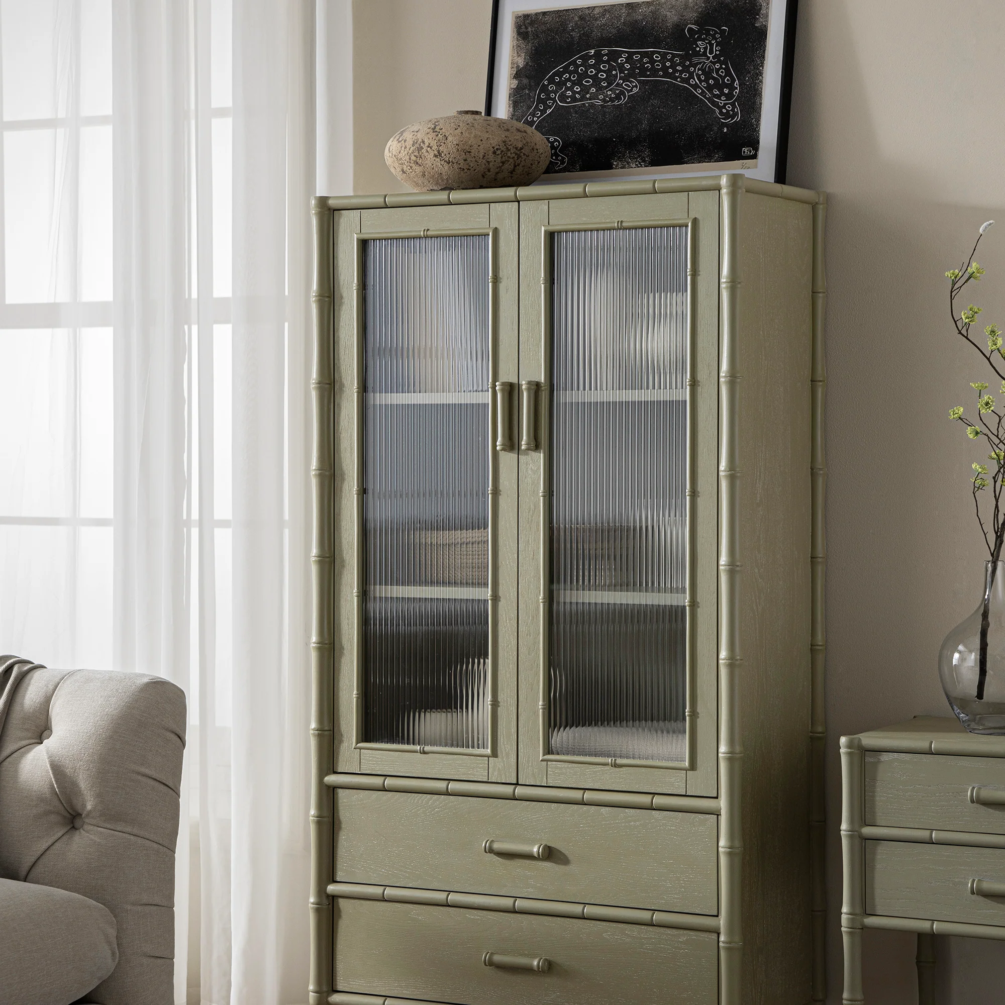 Elstowe Faux Bamboo and Fluted Glass 2-Door Cabinet, Sage Green - Image 4