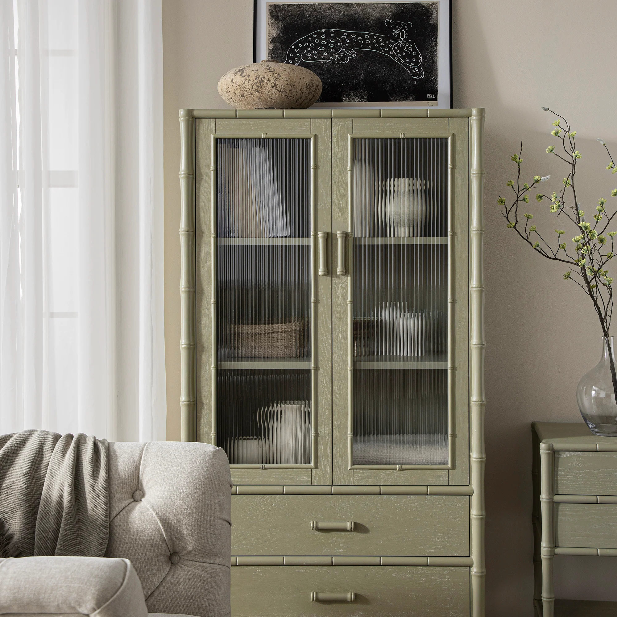 Elstowe Faux Bamboo and Fluted Glass 2-Door Cabinet, Sage Green - Image 5