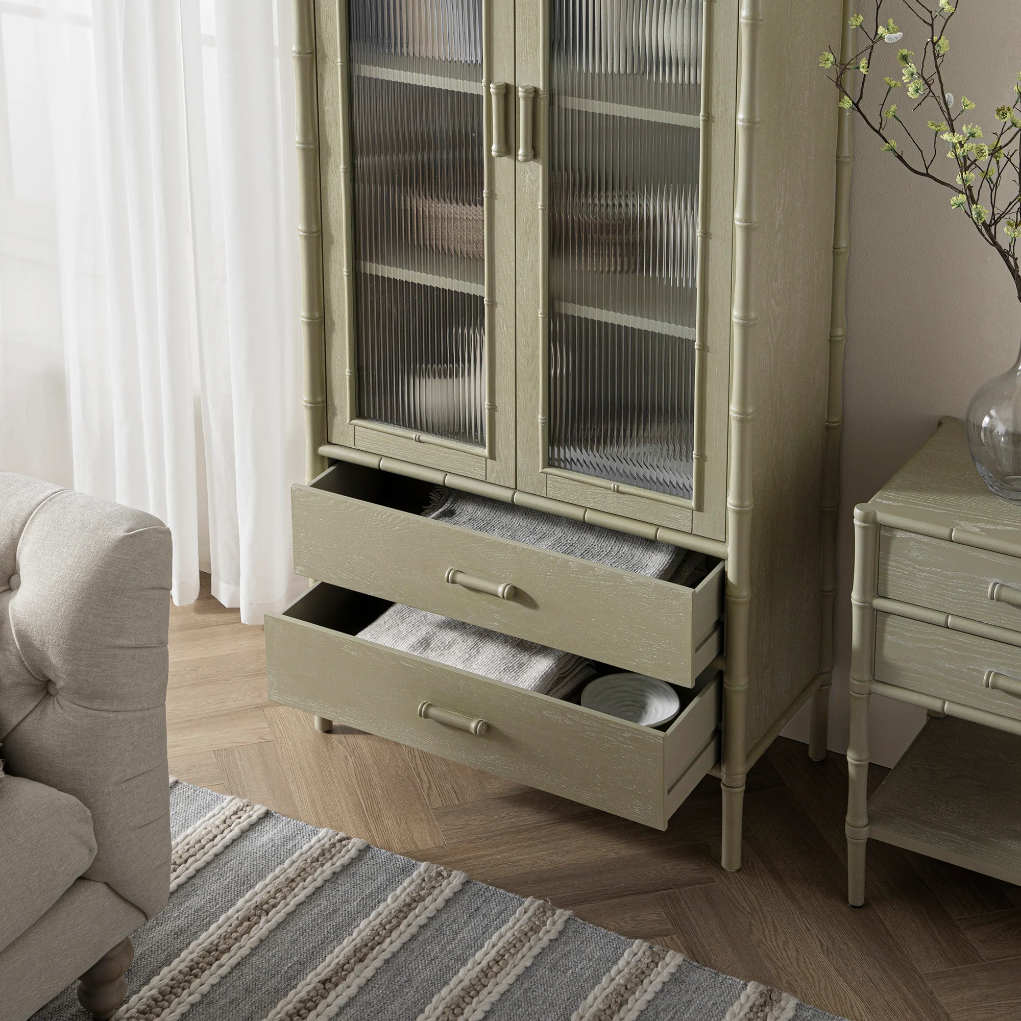 Elstowe Faux Bamboo and Fluted Glass 2-Door Cabinet, Sage Green - Image 7