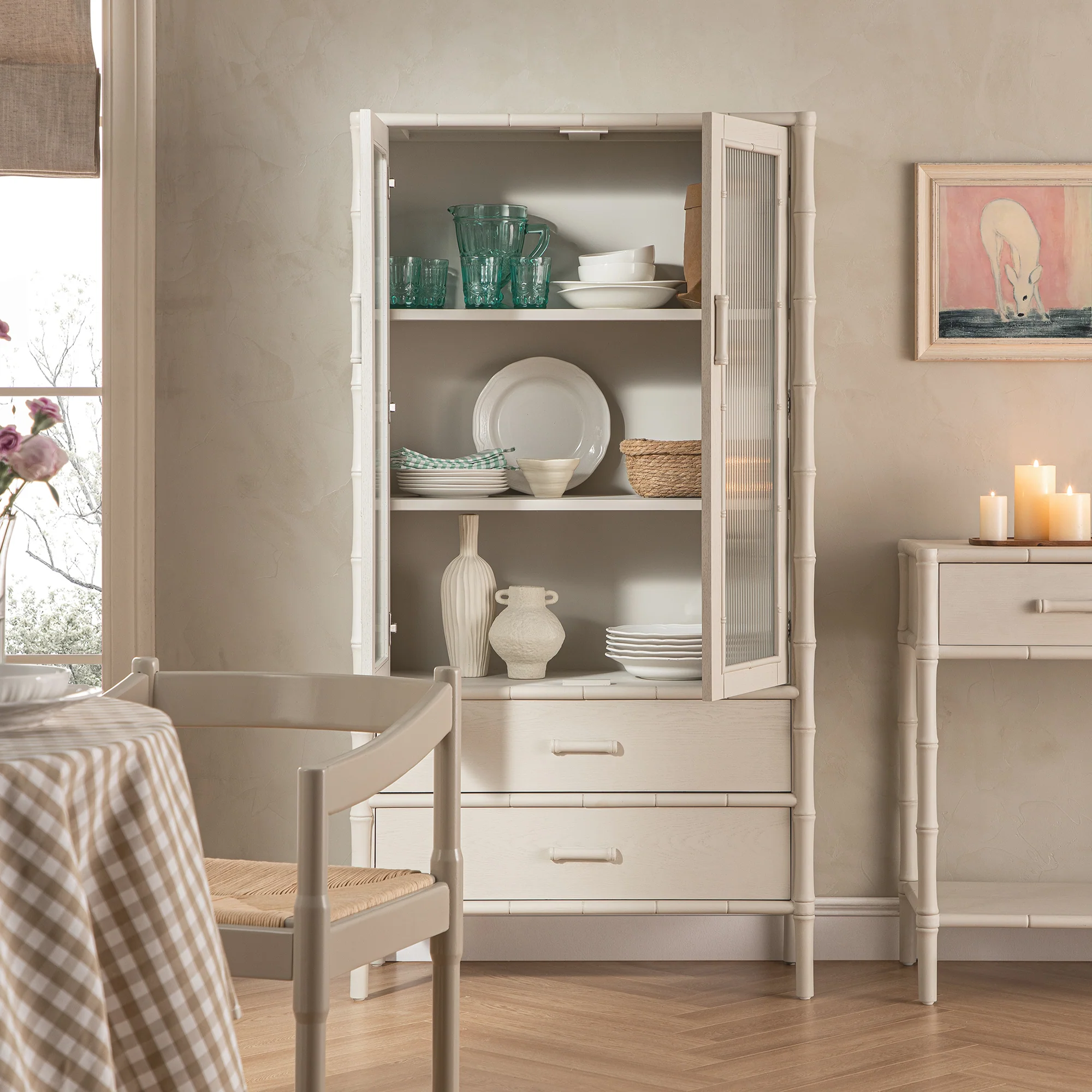 Elstowe Faux Bamboo and Fluted Glass 2-Door Cabinet, Shaded White - Image 4