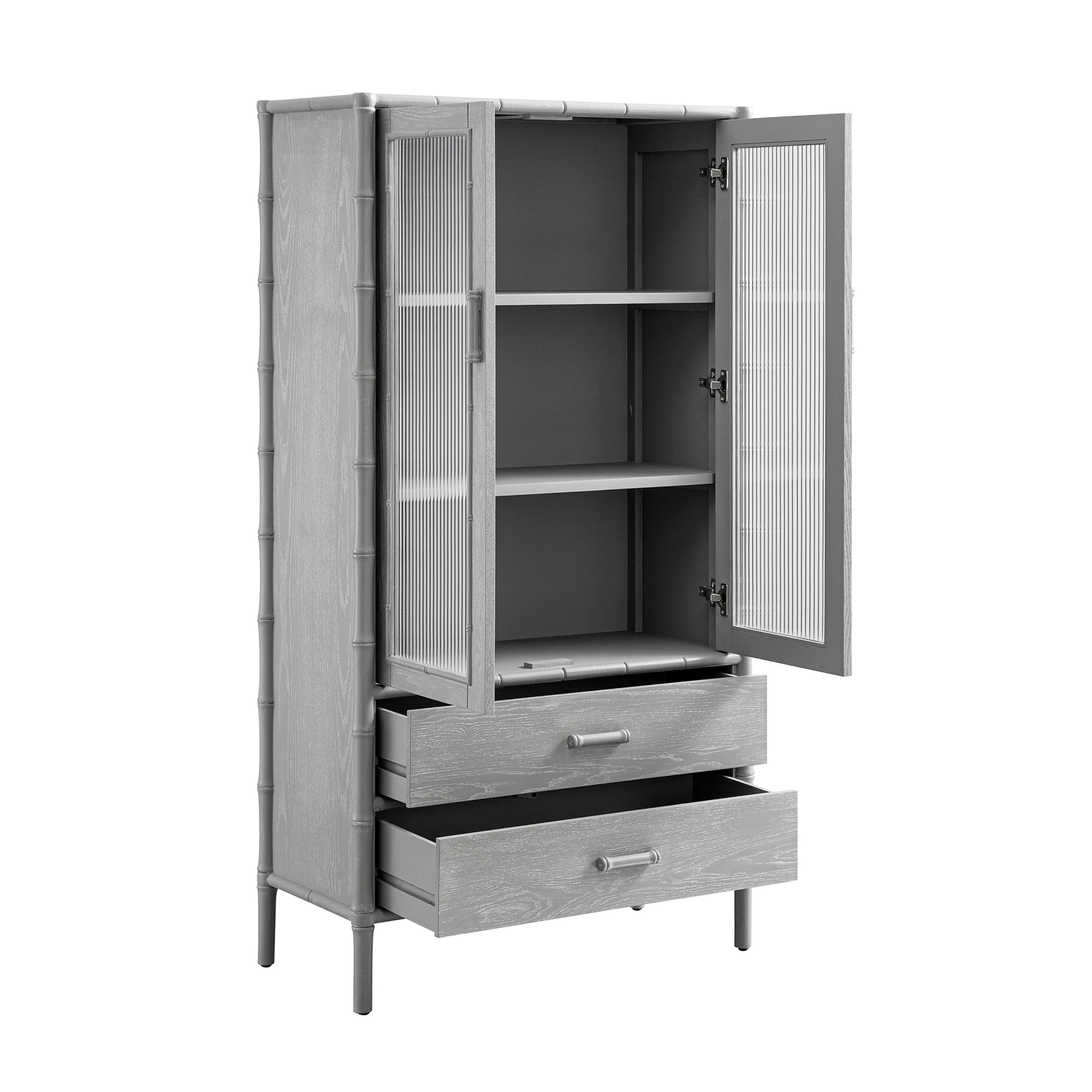 Elstowe Faux Bamboo and Fluted Glass 2-Door Cabinet, Warm Grey - Image 12