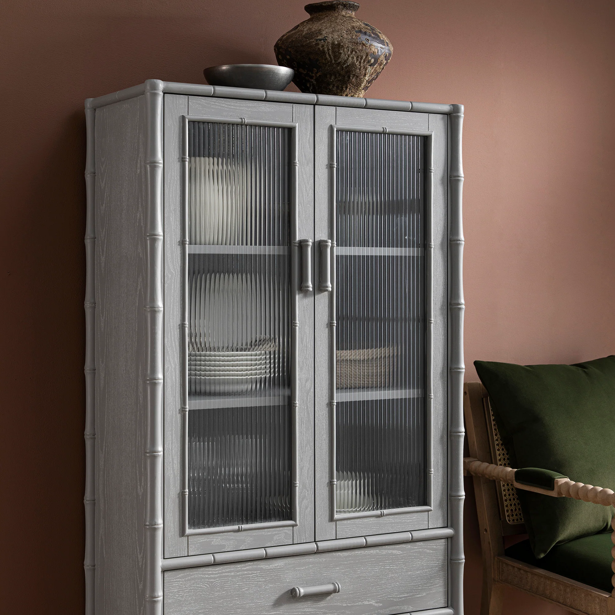 Elstowe Faux Bamboo and Fluted Glass 2-Door Cabinet, Warm Grey - Image 4