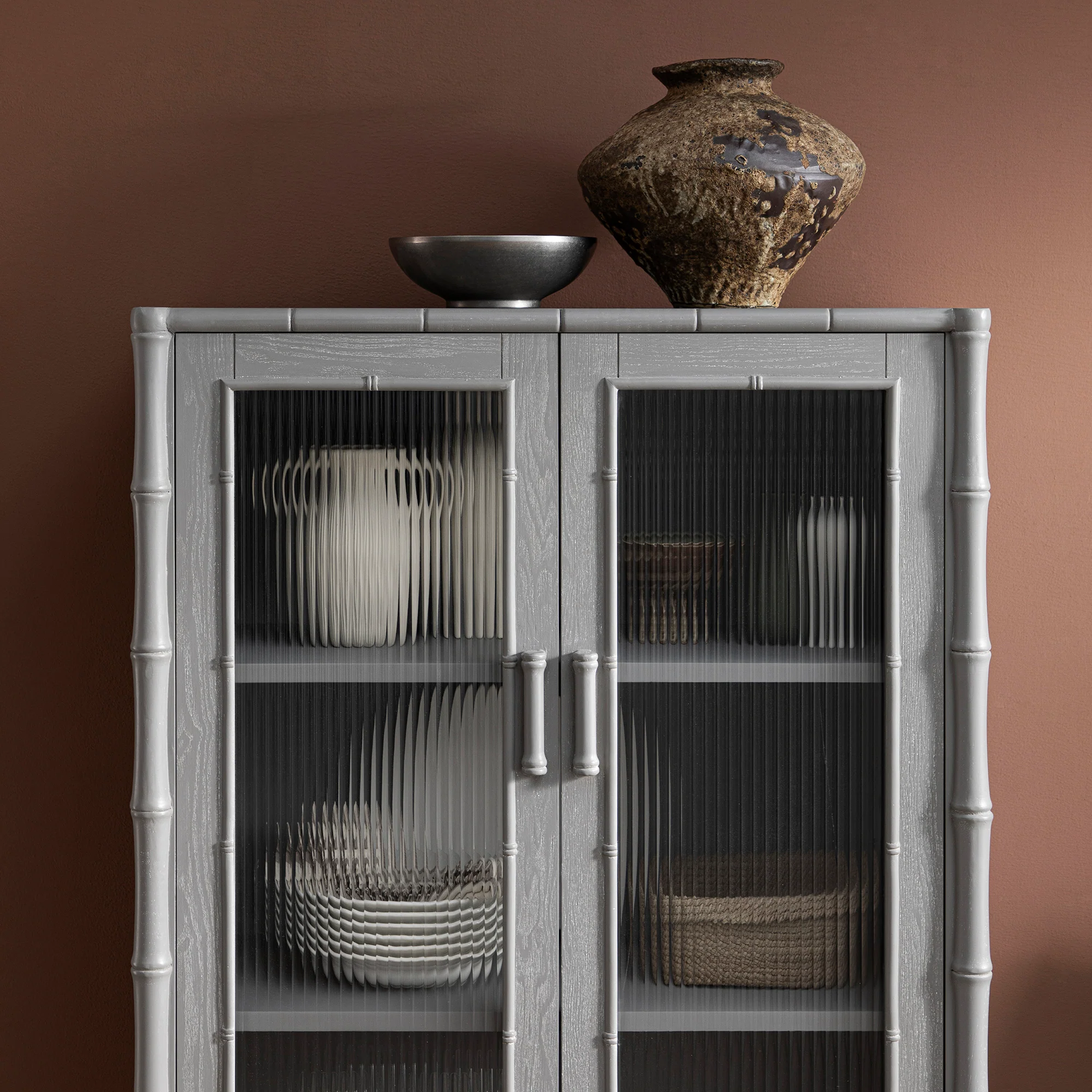 Elstowe Faux Bamboo and Fluted Glass 2-Door Cabinet, Warm Grey - Image 6