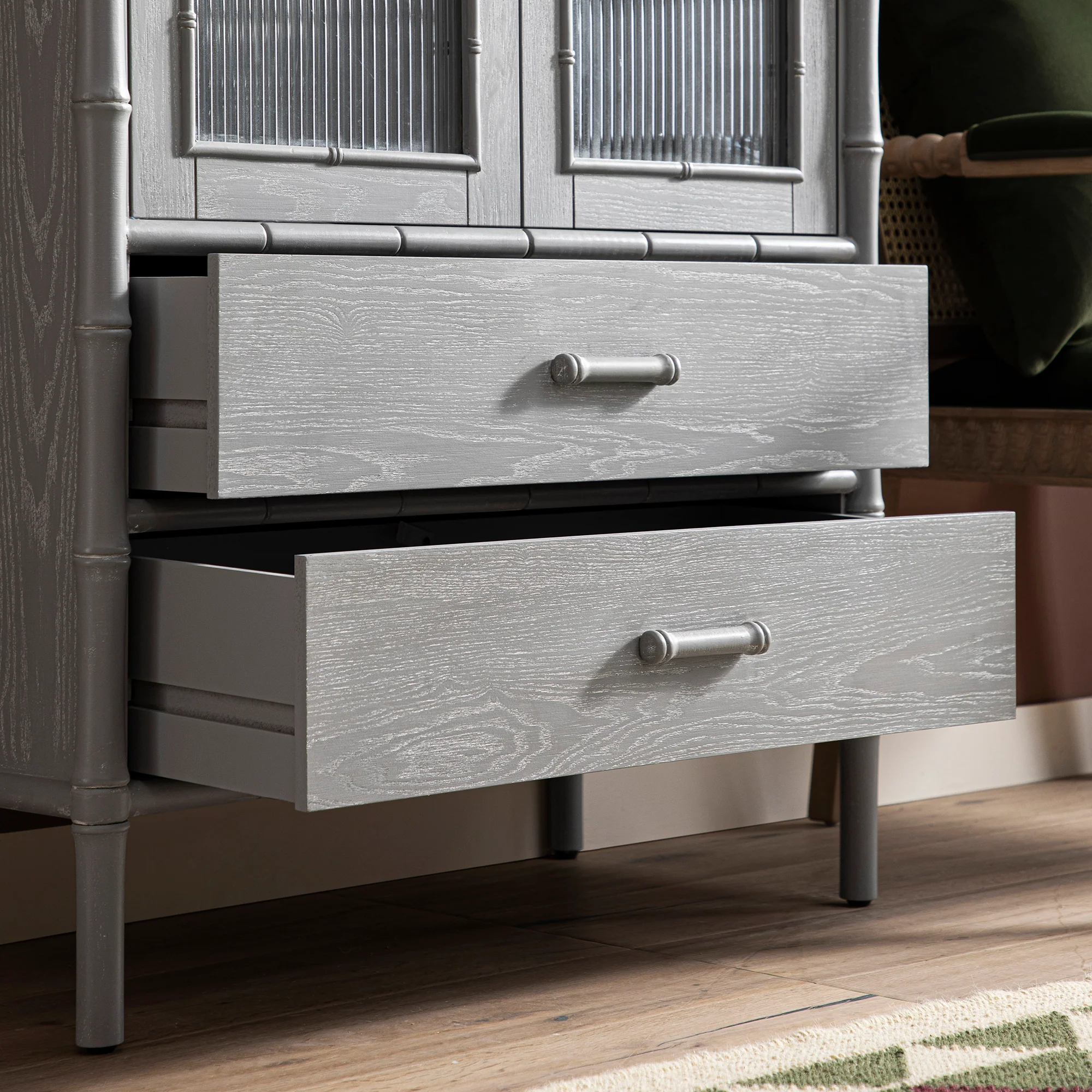 Elstowe Faux Bamboo and Fluted Glass 2-Door Cabinet, Warm Grey - Image 7