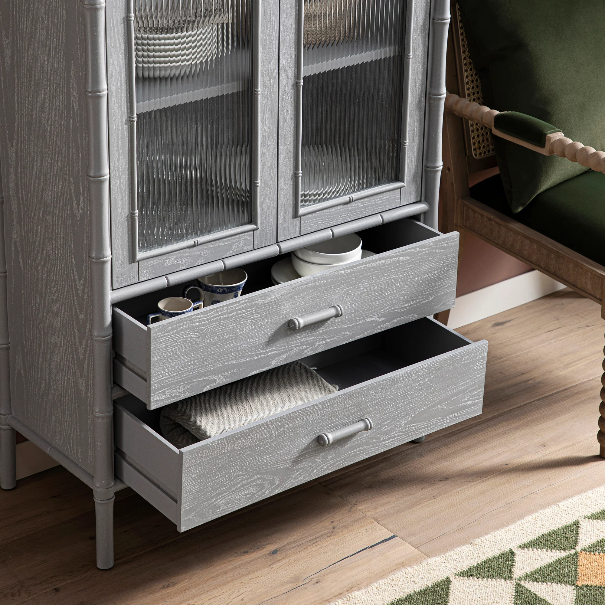 Elstowe Faux Bamboo and Fluted Glass 2-Door Cabinet, Warm Grey - Image 8