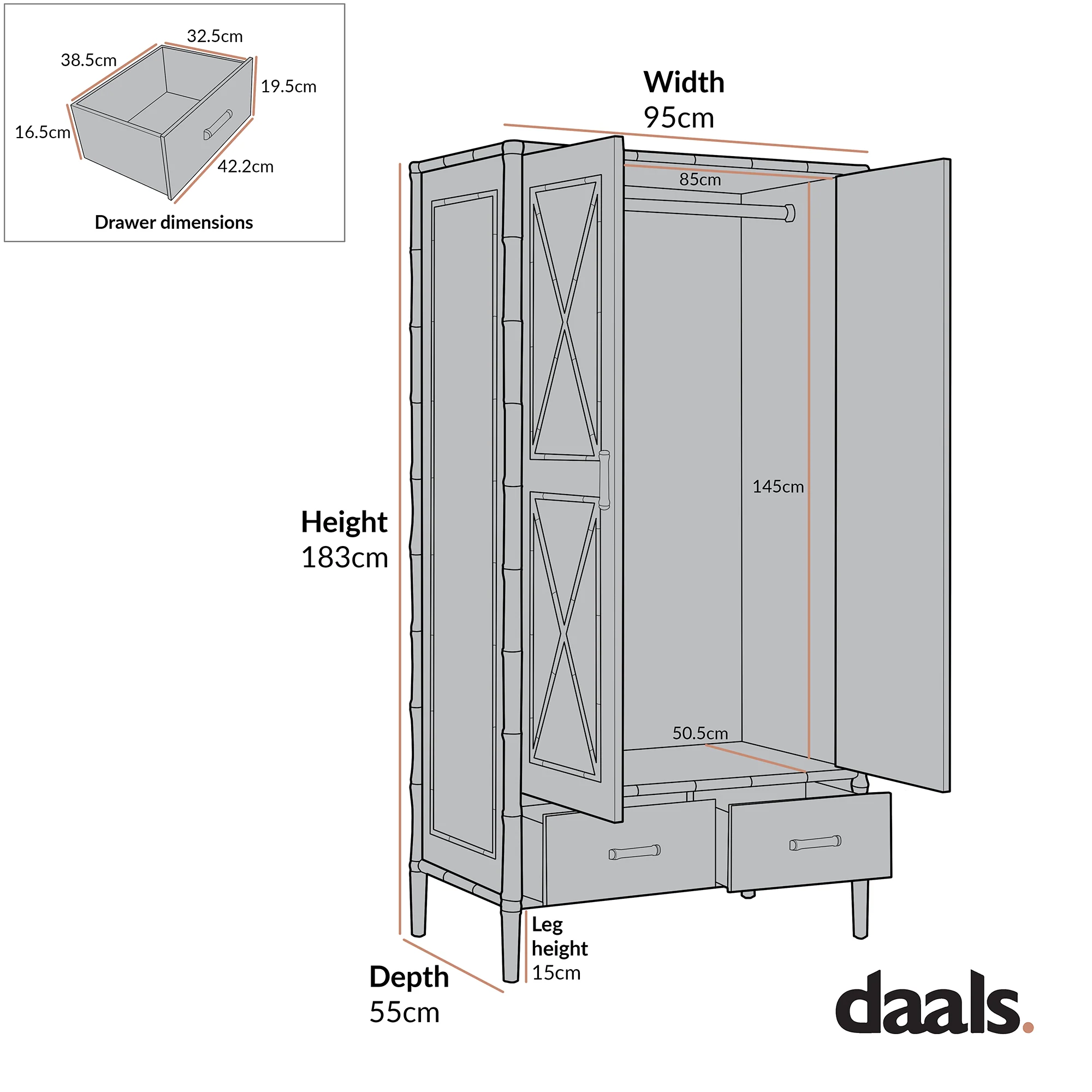 Elstowe Faux Bamboo Double Wardrobe, Warm Grey - Image 9