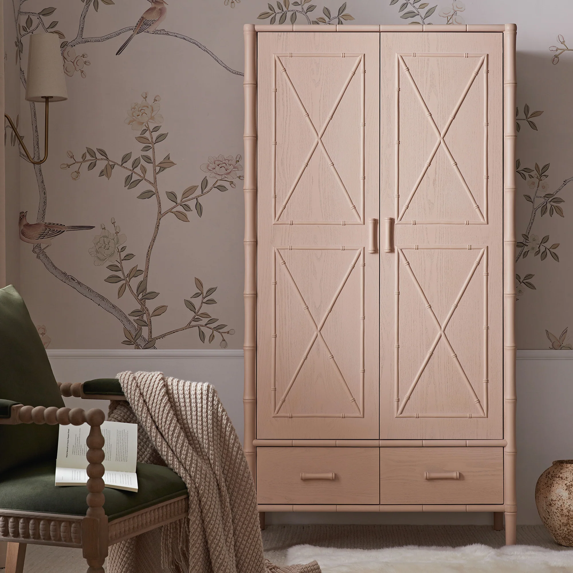 Elstowe Faux Bamboo Double Wardrobe, Nude Pink - Image 2