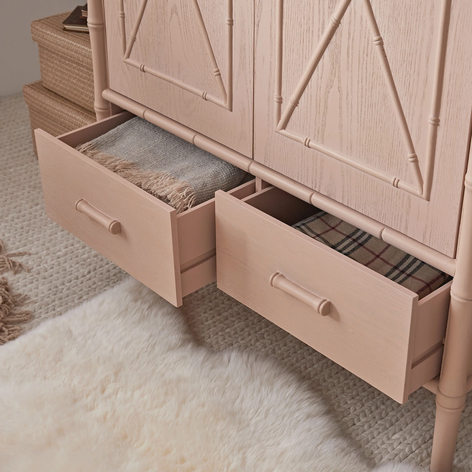 Elstowe Faux Bamboo Double Wardrobe, Nude Pink - Image 5