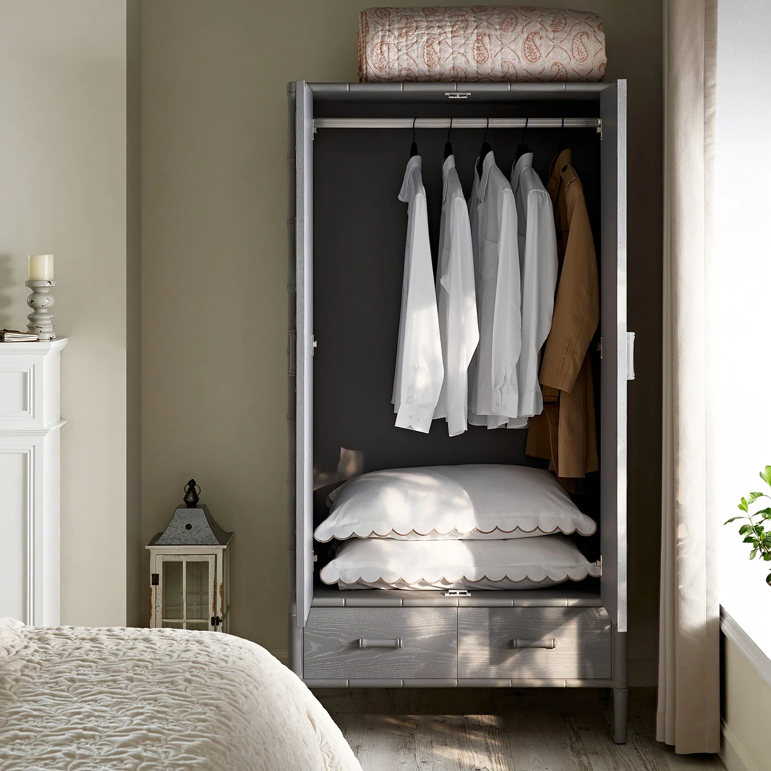 Elstowe Faux Bamboo Double Wardrobe, Warm Grey - Image 2