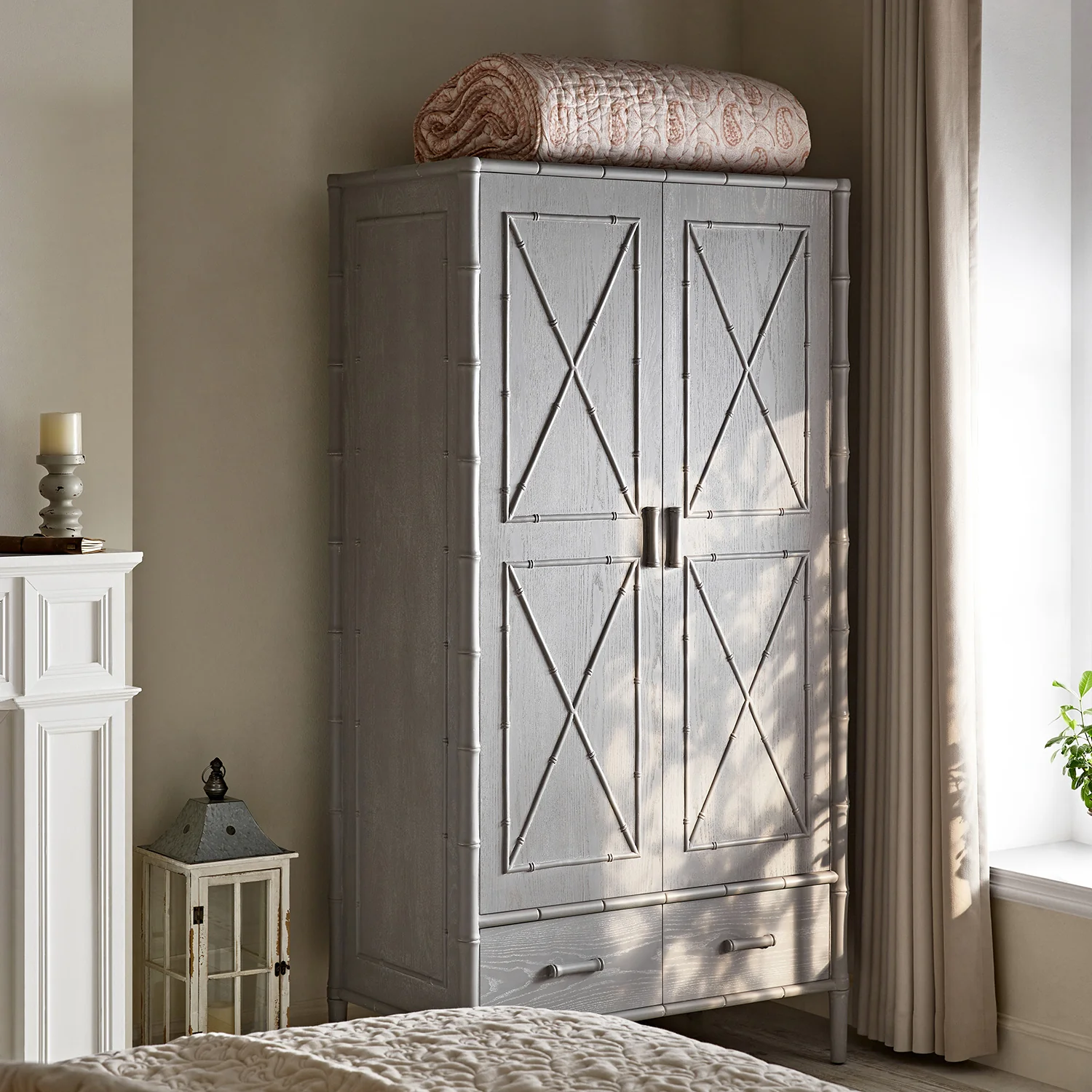 Elstowe Faux Bamboo Double Wardrobe, Warm Grey - Image 3