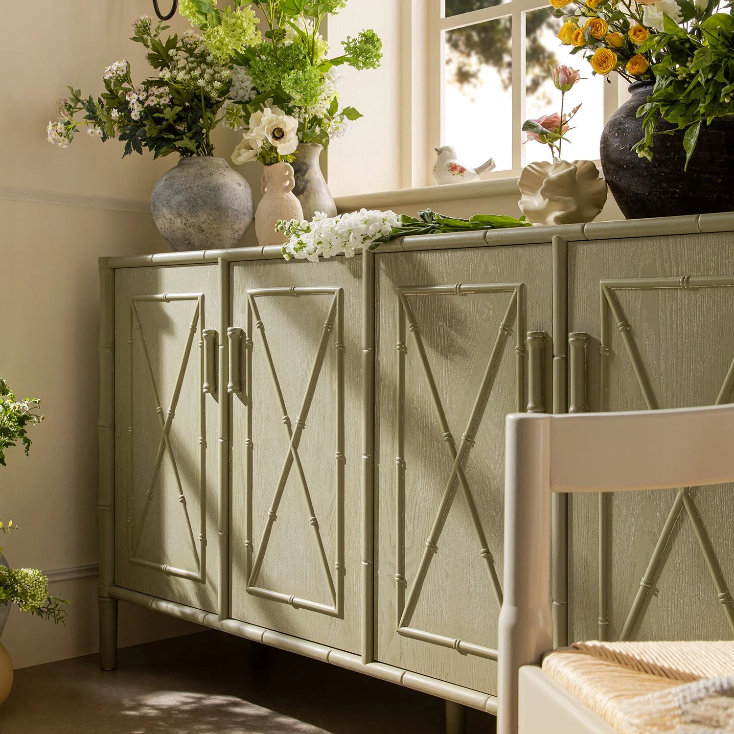 Elstowe Faux Bamboo Large Sideboard, Sage Green - Image 4