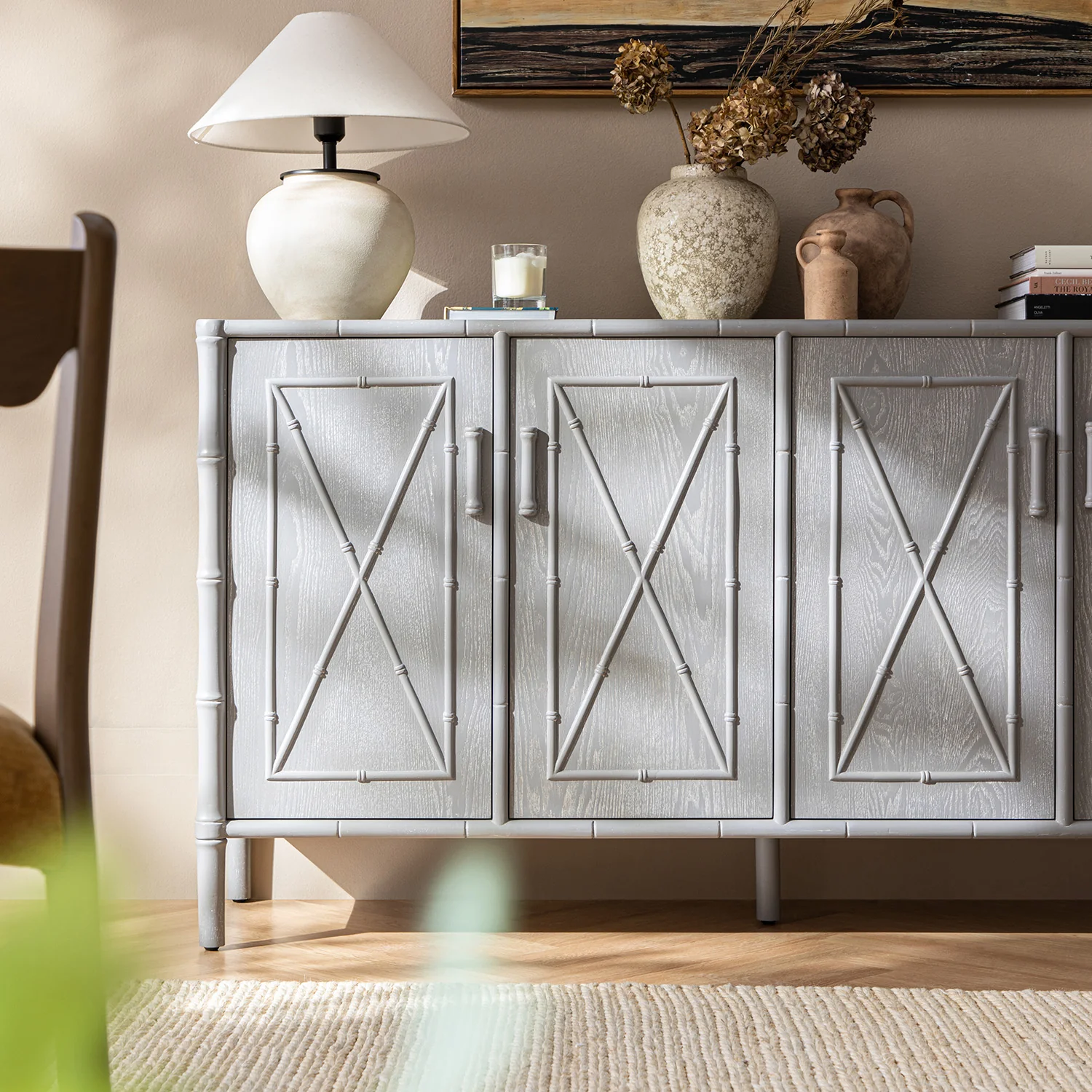 Elstowe Faux Bamboo Large Sideboard, Warm Grey - Image 4