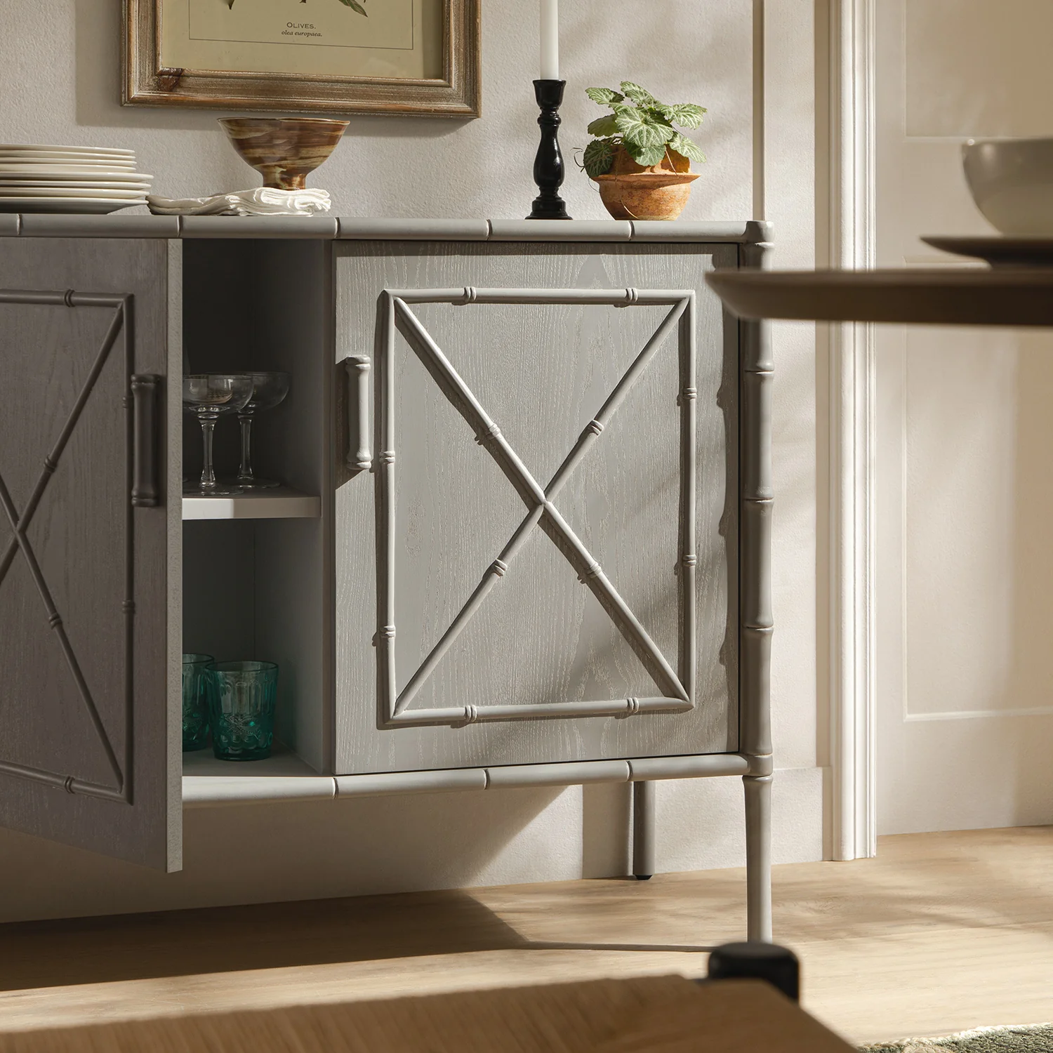 Elstowe Faux Bamboo Small Sideboard, Warm Grey - Image 4