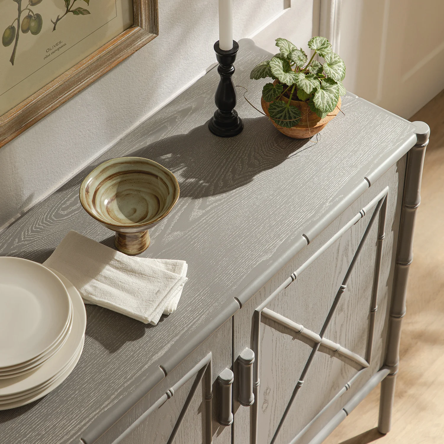 Elstowe Faux Bamboo Small Sideboard, Warm Grey - Image 5