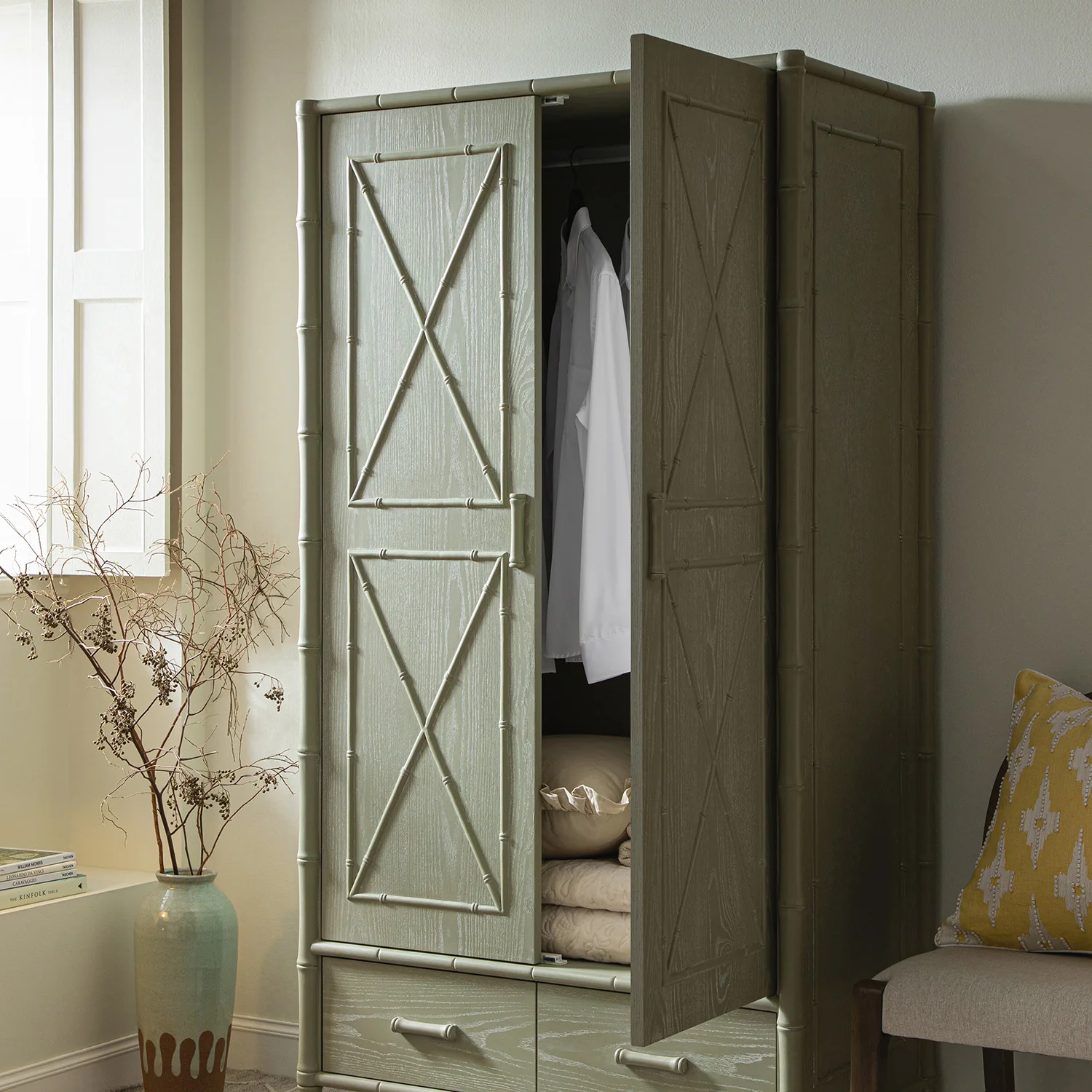 Elstowe Faux Bamboo Double Wardrobe, Sage Green - Image 3