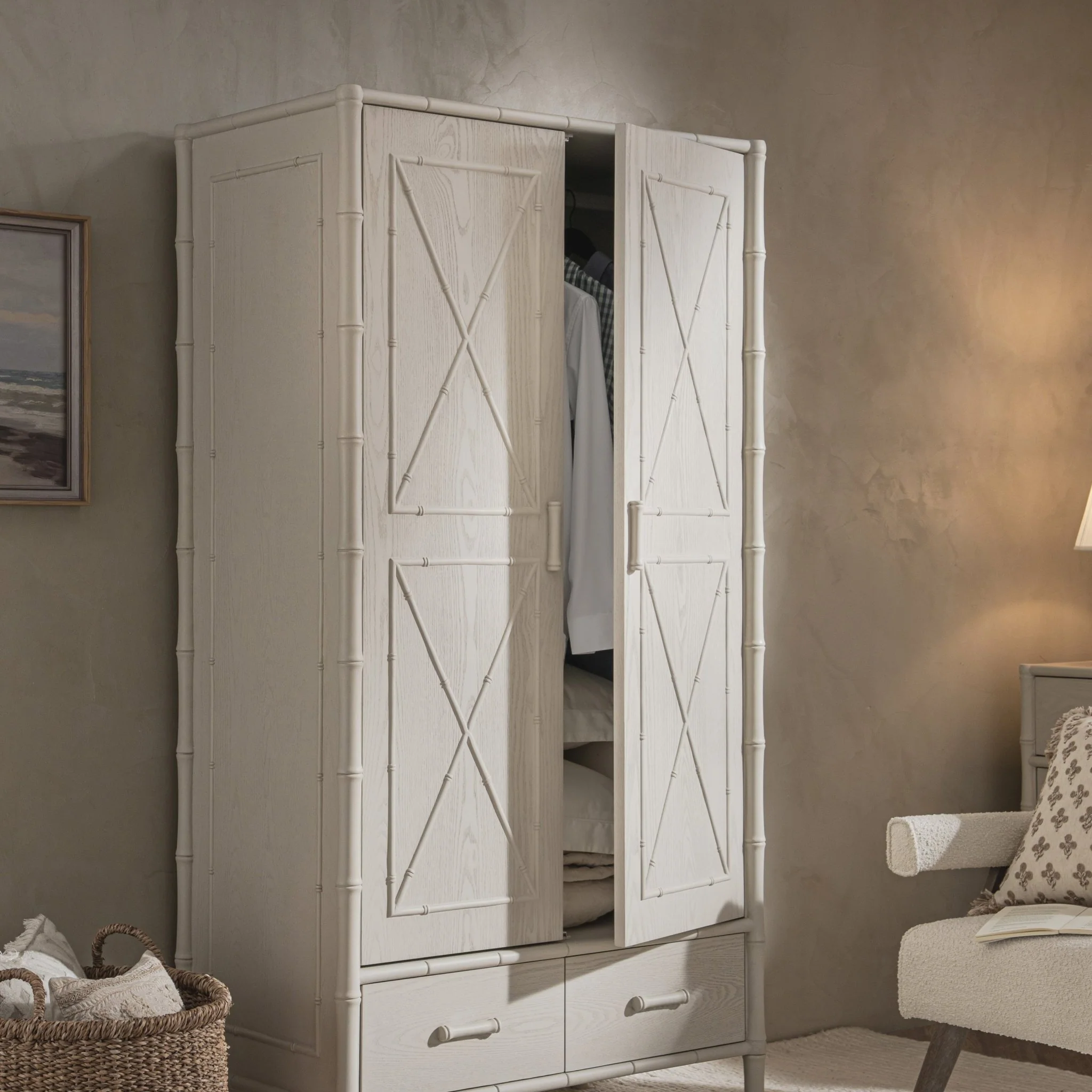 Elstowe Faux Bamboo Double Wardrobe, Shaded White - Image 4