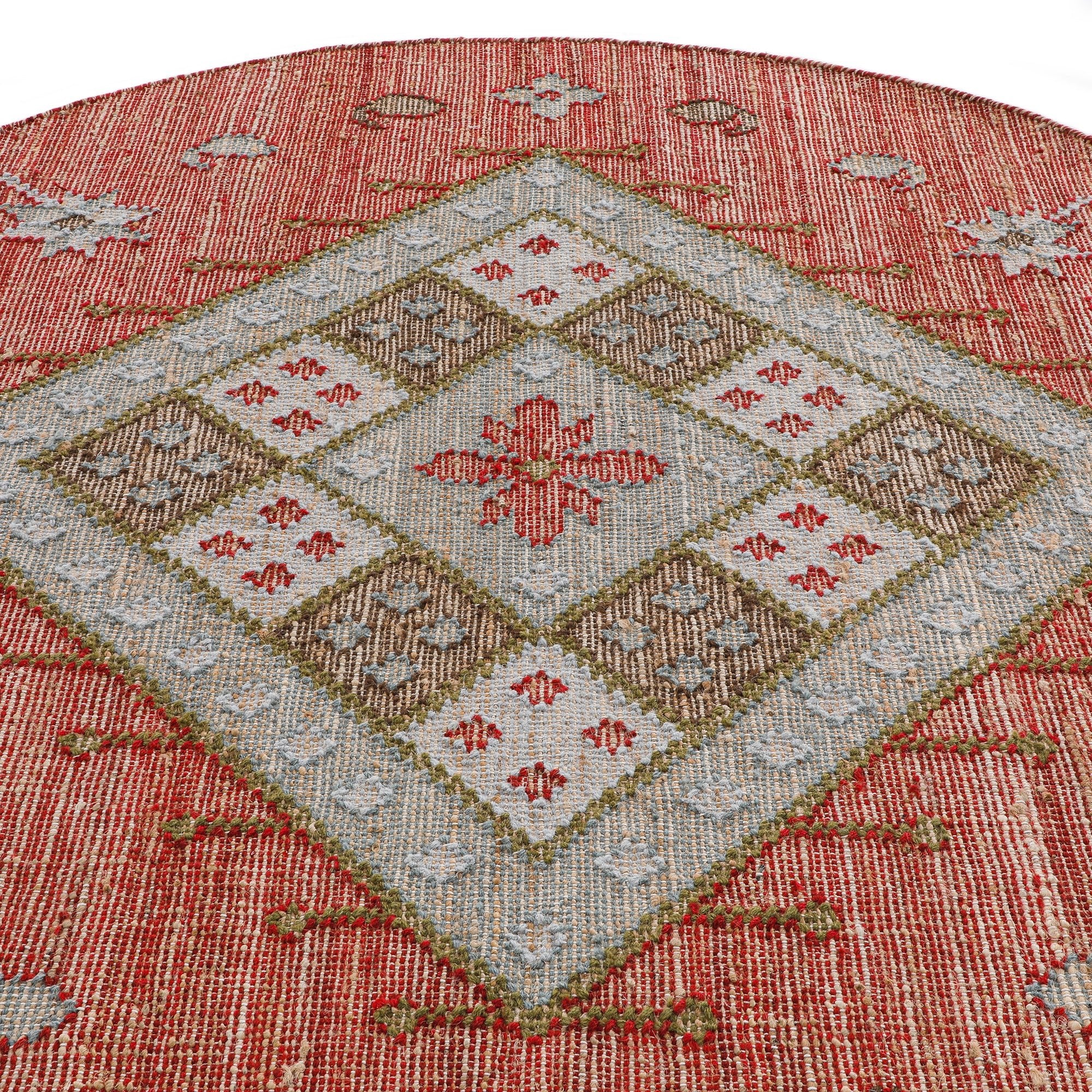Farah Kilim Traditional Handwoven Wool & Jute Deep Red Round Rug - Image 2
